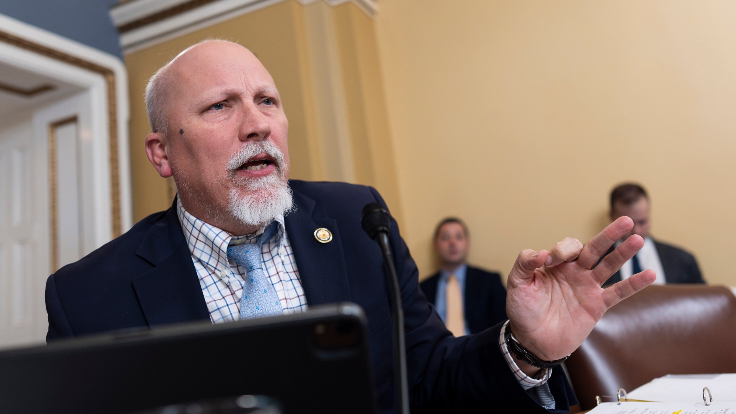 Rep. Chip Roy, R-Texas, asks a question as the House Rules Committee prepares a spending bill that would keep federal agencies funded through Sept. 30, at the Capitol, in Washington, Monday, March 10, 2025. (AP Photo/J. Scott Applewhite)