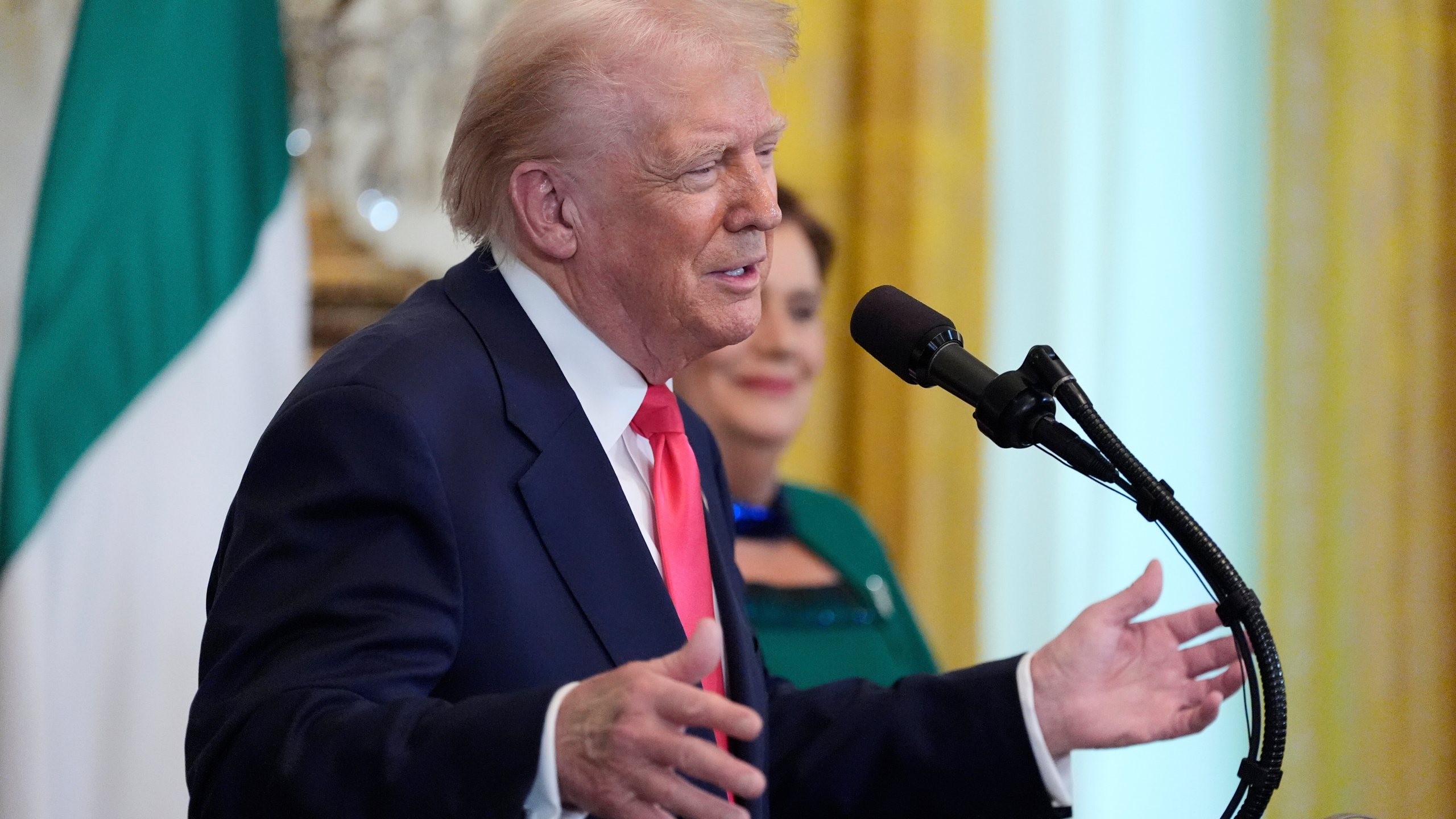 President Donald Trump speaks during an event with Ireland's Prime Minister Micheál Martin in the East Room of the White House in Washington, Wednesday, March 12, 2025. (AP Photo/Alex Brandon)