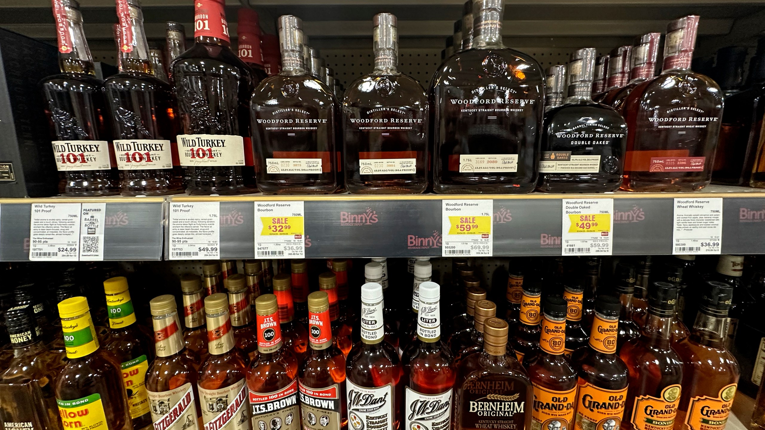 Bottles of Bourbon whiskey made in the United States are shown on display at a liquor store in Niles, Ill., Thursday, March 13, 2025. (AP Photo/Nam Y. Huh)