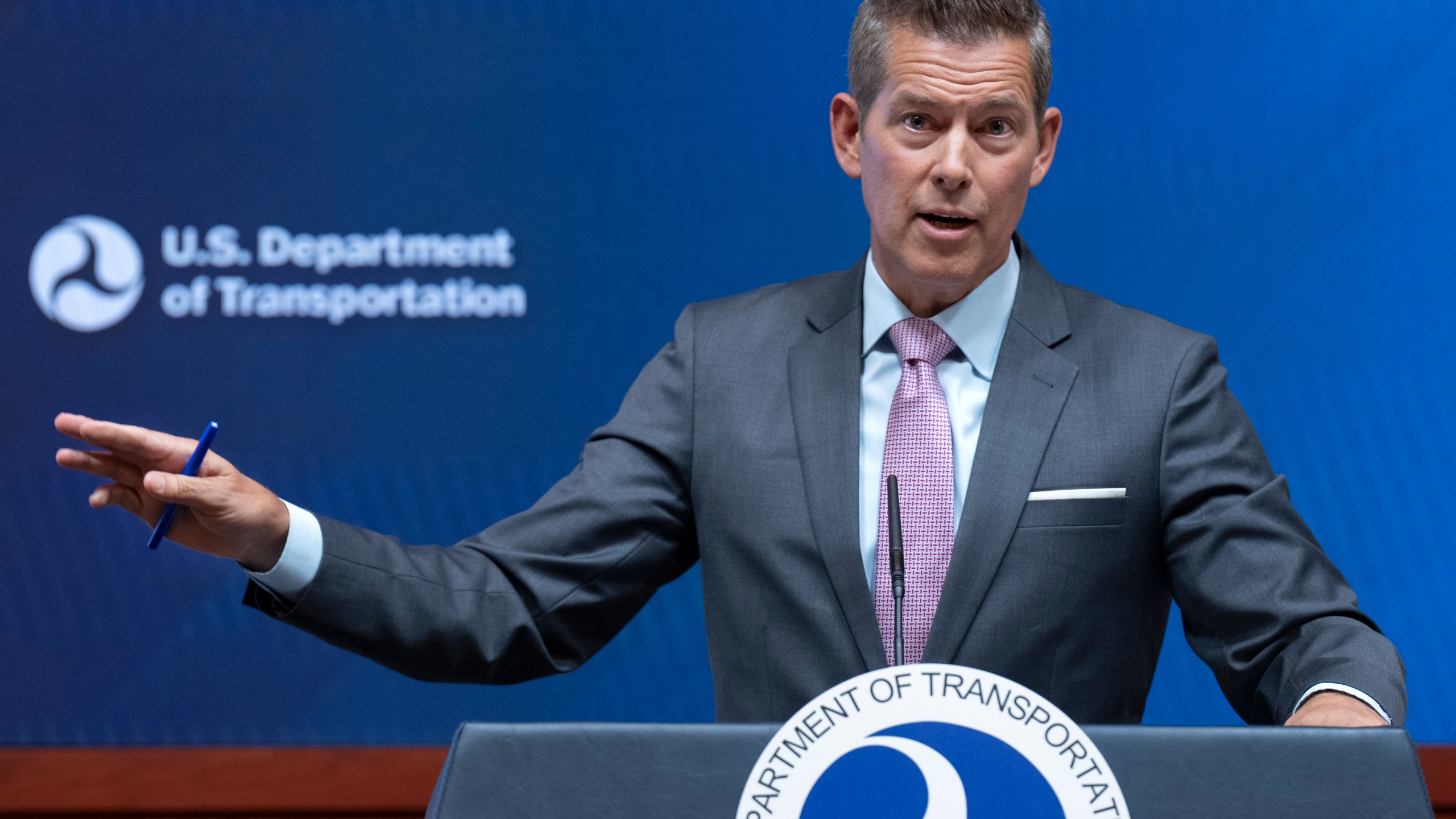 Transportation Secretary Sean Duffy speaks during a news conference following up on the issuance of the National Transportation Safety Board (NTSB) preliminary report on the mid-air collision near Ronald Reagan Washington National Airport, Tuesday, March 11, 2025, at the Department of Transportation in Washington. (AP Photo/Jacquelyn Martin)