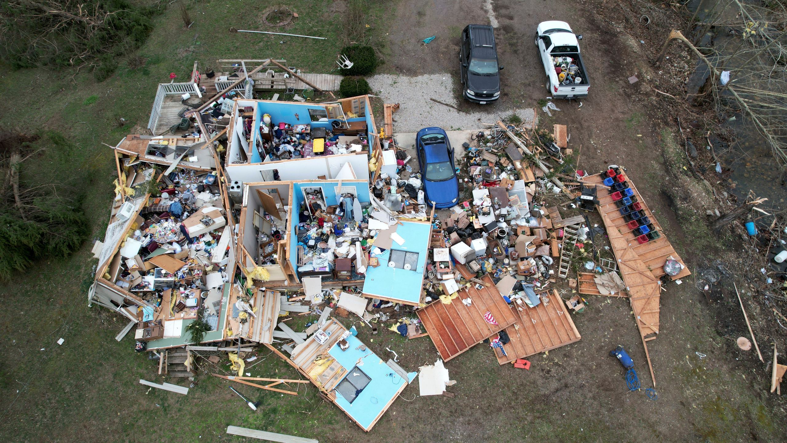 Destruction from a severe storm is seen Saturday, March 15, 2025, in Wayne County, Mo. (AP Photo/Jeff Roberson)