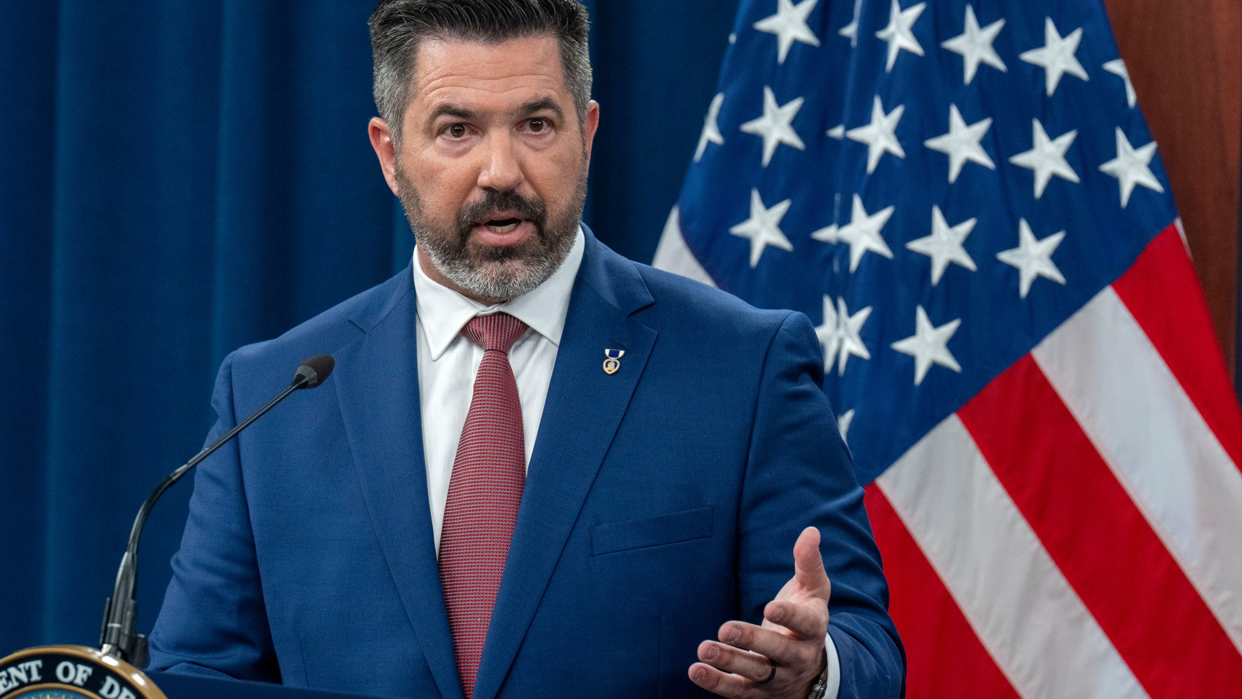 Pentagon press secretary Sean Parnell speaks to the media in the Pentagon Press Briefing Room, Monday, March 17, 2025, at the Pentagon in Washington. (AP Photo/Jacquelyn Martin)