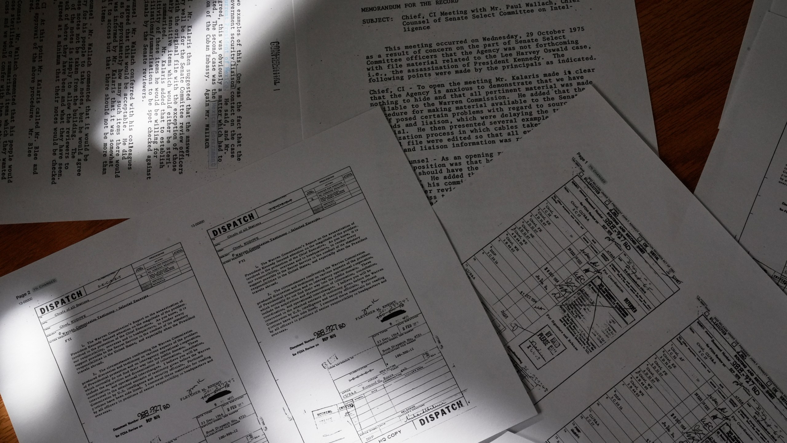 Recently declassified documents related to the President John F. Kennedy assassination are seen Wednesday, March 19, 2025, in Nashville, Tenn. (AP Photo/George Walker IV)