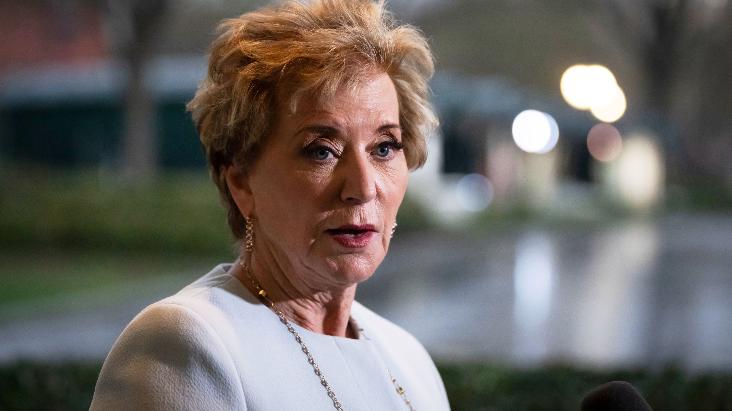FILE - Secretary of Education Linda McMahon speaks to reporters at the White House in Washington, Thursday, March 20, 2025. (AP Photo/Ben Curtis, File)