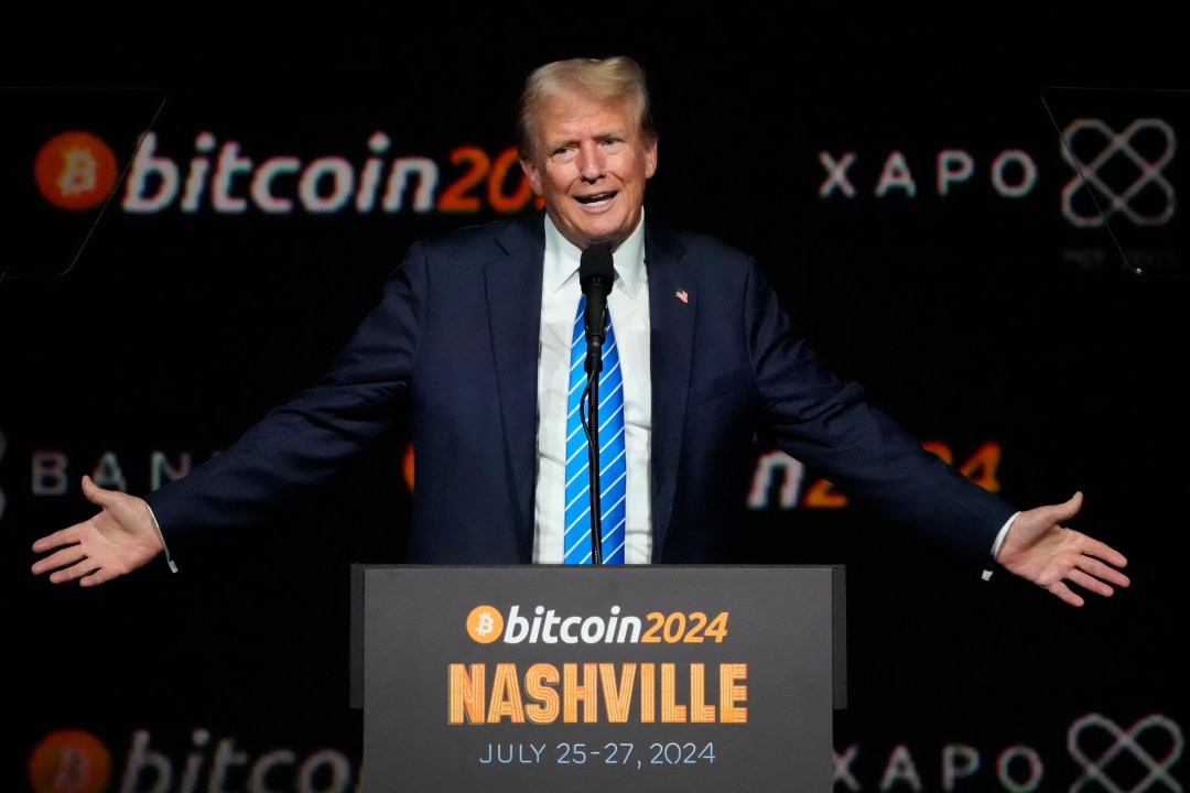 FILE - Then Former President Donald Trump speaks at the Bitcoin 2024 Conference, July 27, 2024, in Nashville, Tenn. (AP Photo/Mark Humphrey, File)