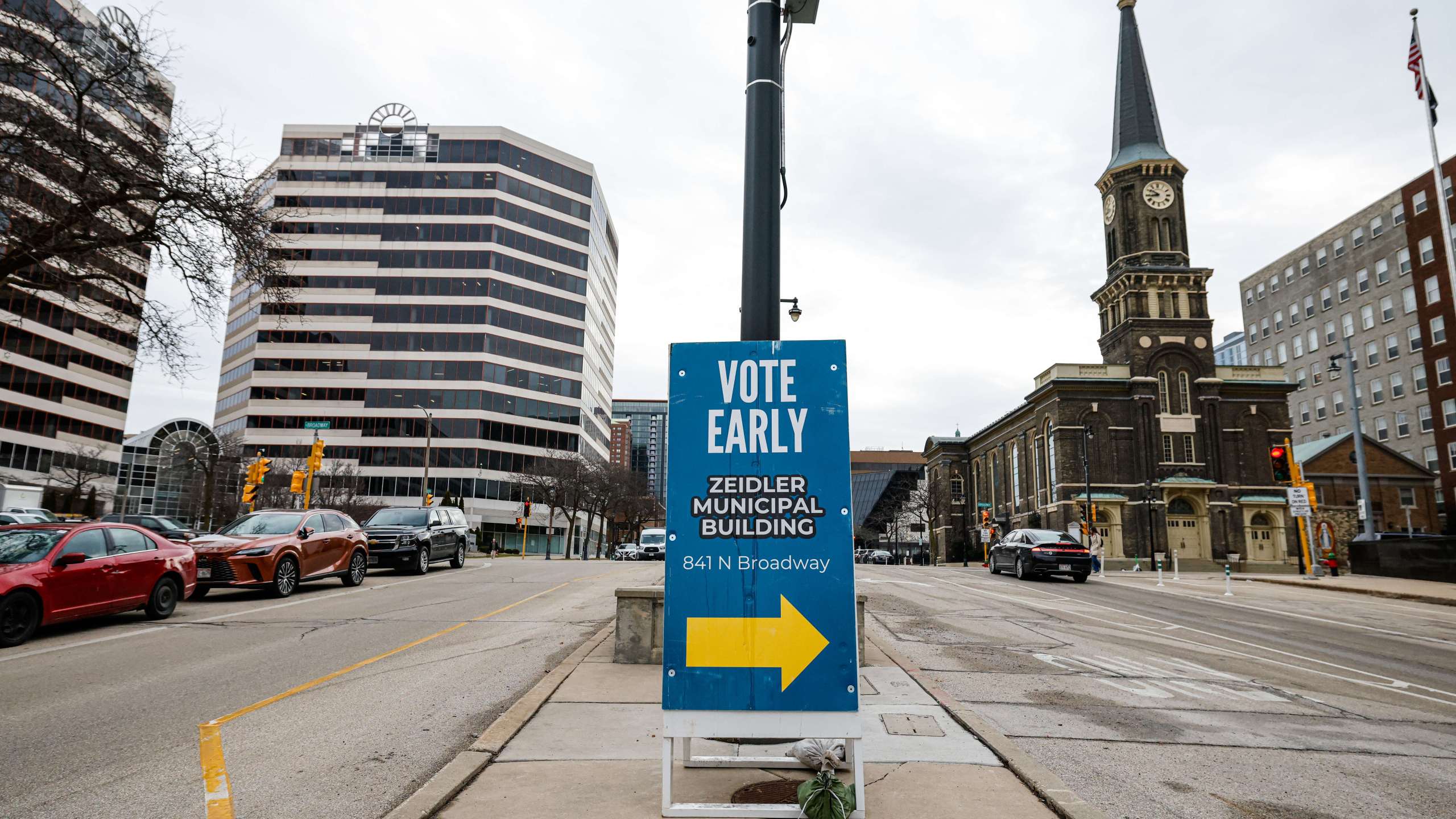 A sign along a street in Milwaukee, Wis., Tuesday, March 18, 2025. (AP Photo/Jeffrey Phelps)