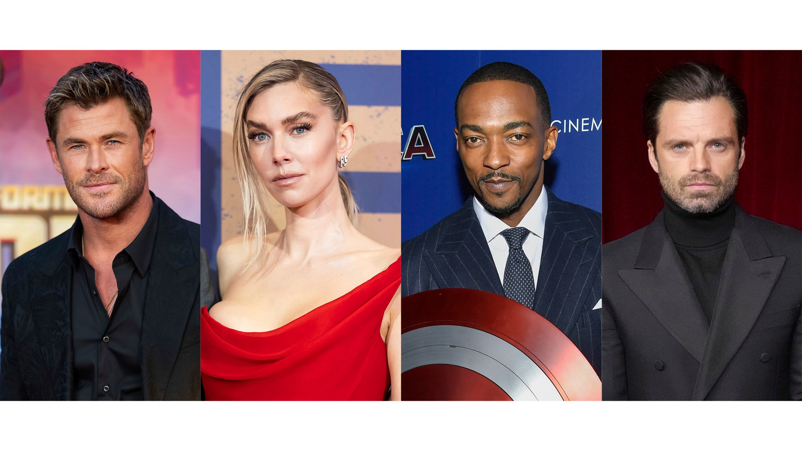 This combination of photos shows Chris Hemsworth at the London premiere of "Transformers One" on Sept. 19, 2024, from left, Vanessa Kirby at the London premiere of "Napoleon," on Nov. 15, 2023, Anthony Mackie at a screening of "Captain America: Brave New World" in New York on Feb. 13, 2025, and Sebastian Stan at the Academy Museum Gala in Los Angeles on Oct. 19, 2024. (AP Photo)