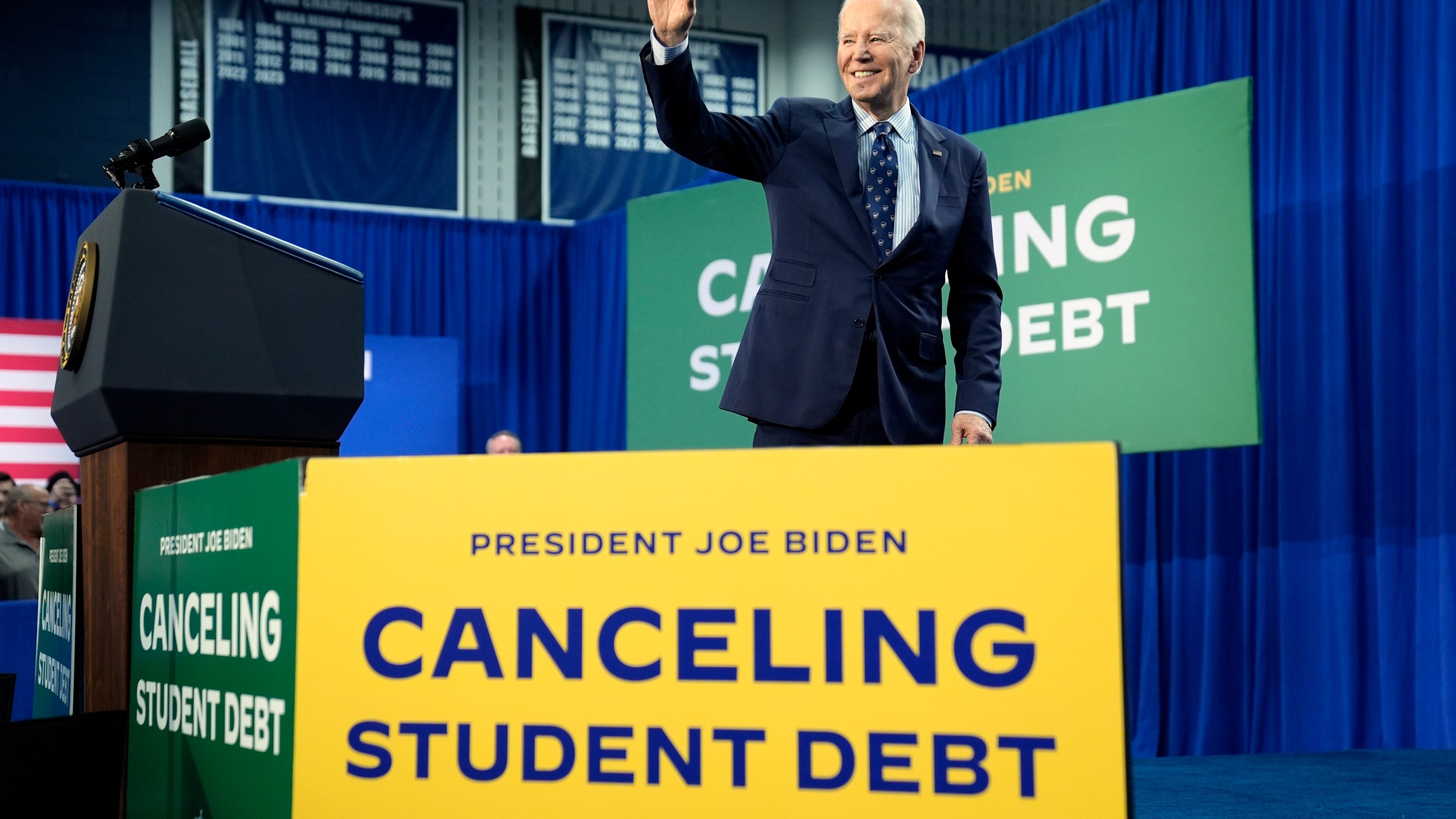 FILE - President Joe Biden departs after delivering remarks on student loan debt at Madison College, Monday, April 8, 2024, in Madison, Wis. (AP Photo/Evan Vucci, File)