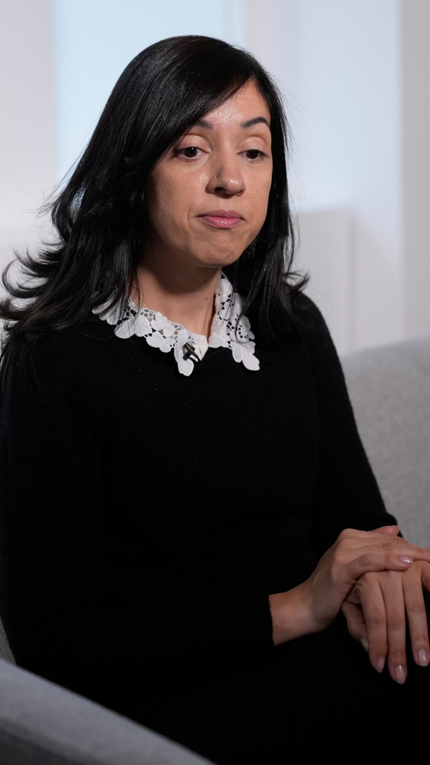 Casandra Almonte speaks to reporters in New York, Thursday, March 20, 2025. (AP Photo/Seth Wenig)