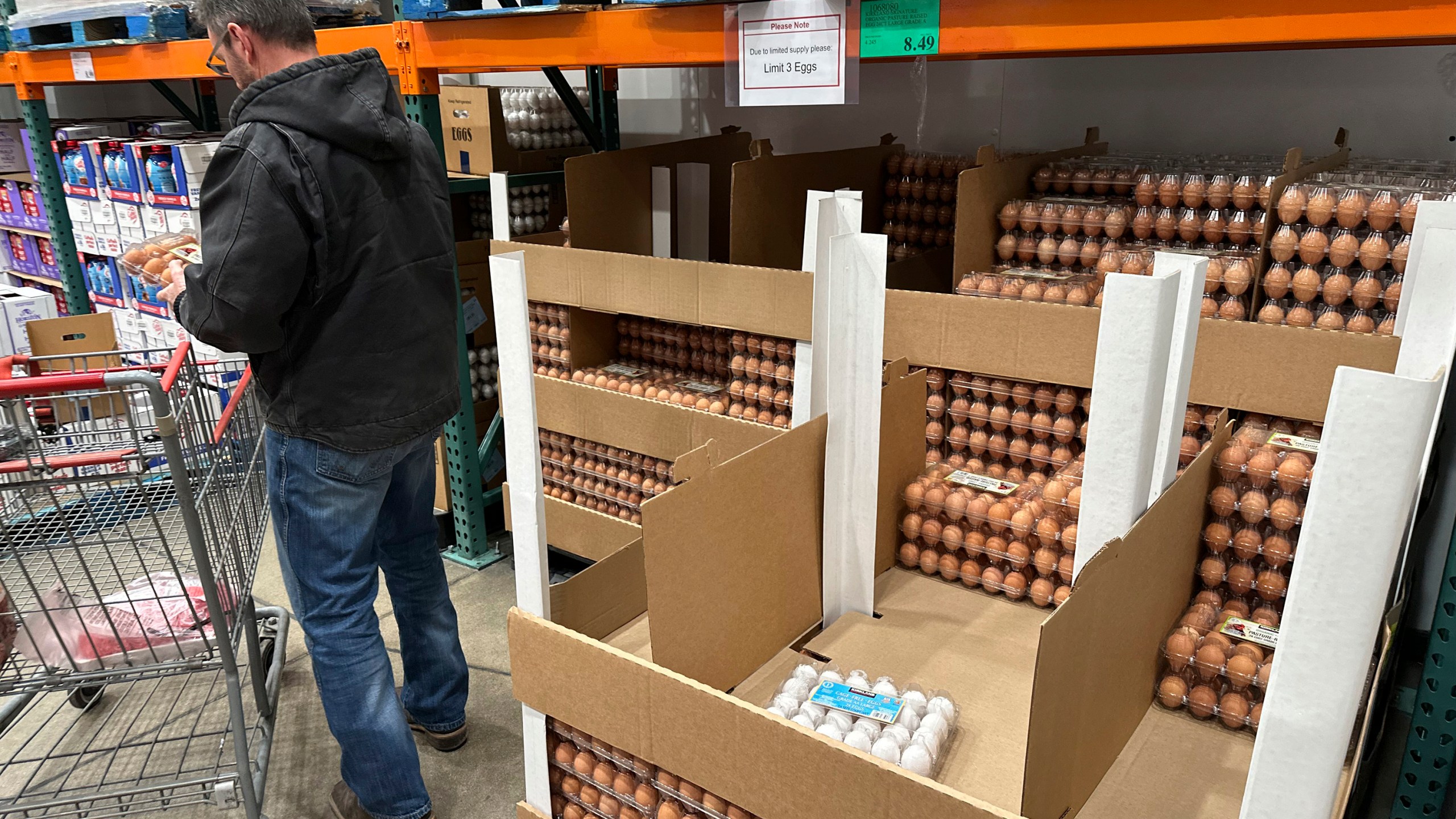 FILE - A consumer places a flat of eggs in a shopping cart in a Costco warehouse Tuesday, Feb. 18, 2025, in Sheridan, Colo. (AP Photo/David Zalubowski, File)