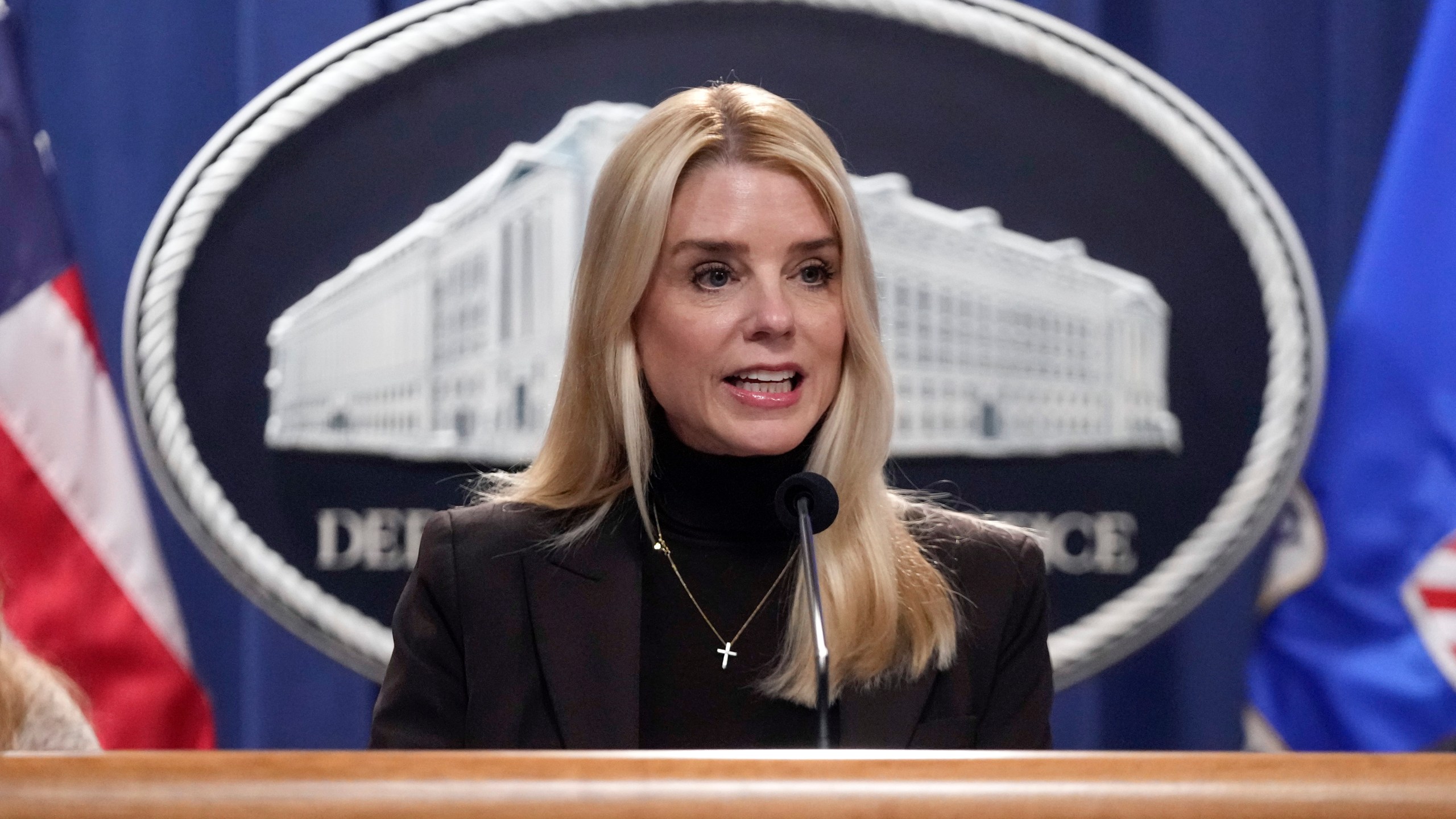 FILE - Attorney General Pam Bondi speaks at a news conference at the Justice Department, Feb. 12, 2025, in Washington. (AP Photo/Ben Curtis, File)