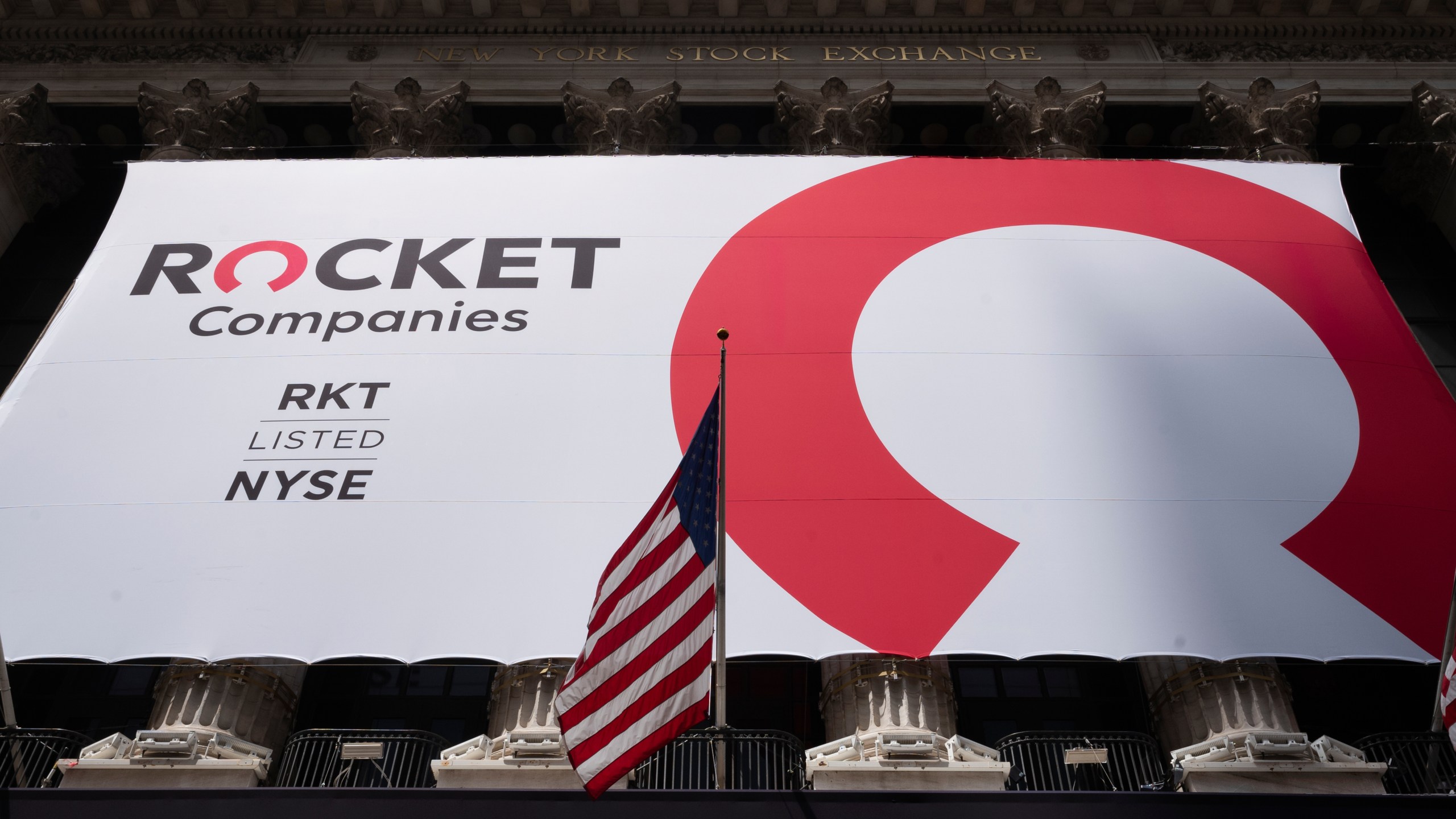 FILE - A Rocket Companies sign is displayed on the exterior of the New York Stock Exchange, Aug. 6, 2020, in New York. (AP Photo/Mark Lennihan, file)