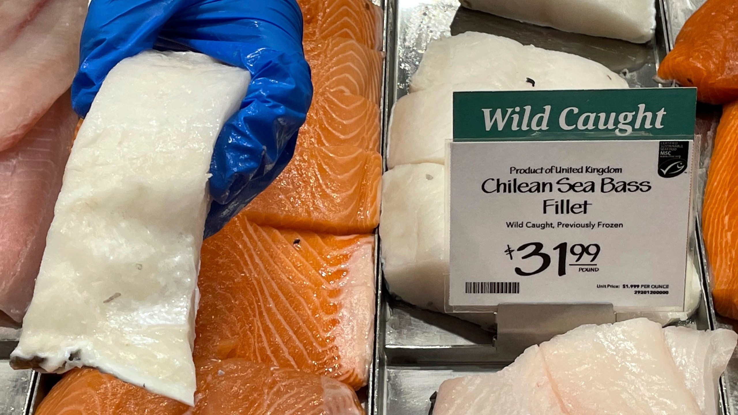 Fillets of Chilean sea bass on display at a grocery store