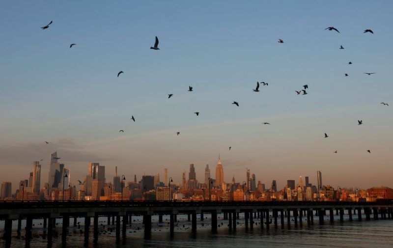 The sun sets on the skyline of midtown Manhattan as seagulls fly above the Hudson River.