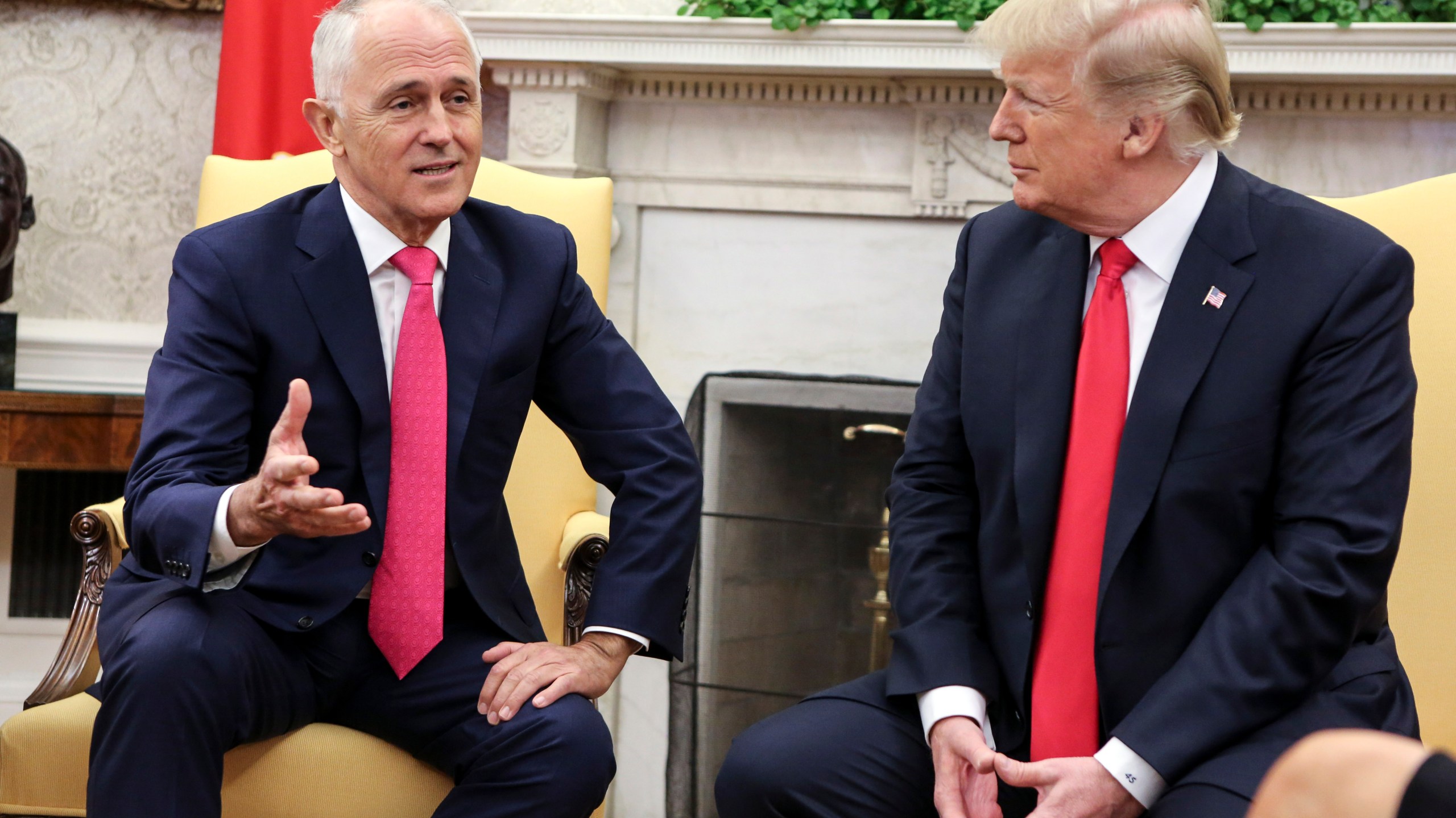 President Trump greets Prime Minister Malcolm Turnbull and his wife Lucy Turnbull of Australia in the Oval Office of the White House on February 23, 2018 in Washington, D.C.