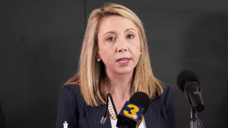 Former U.S. Attorney Jessica Aber speaks during a press conference in Norfolk, Virginia, on Aug. 9, 2023.