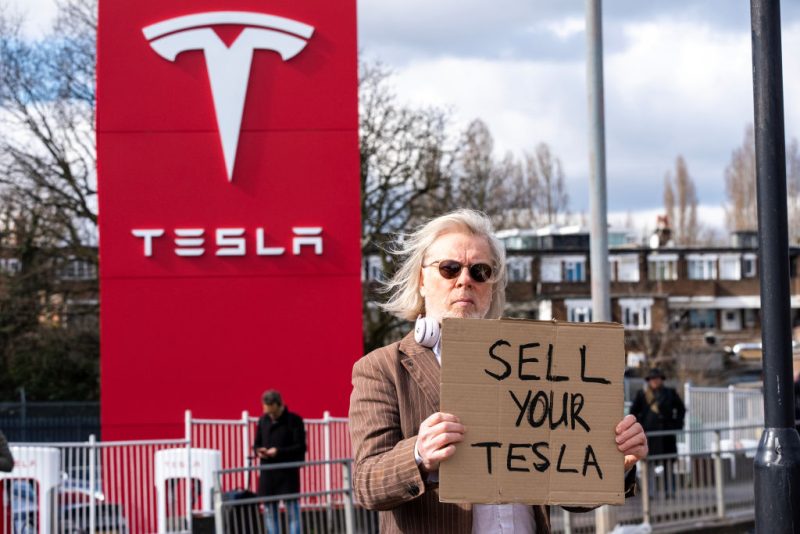 Protester at Tesla Takedown