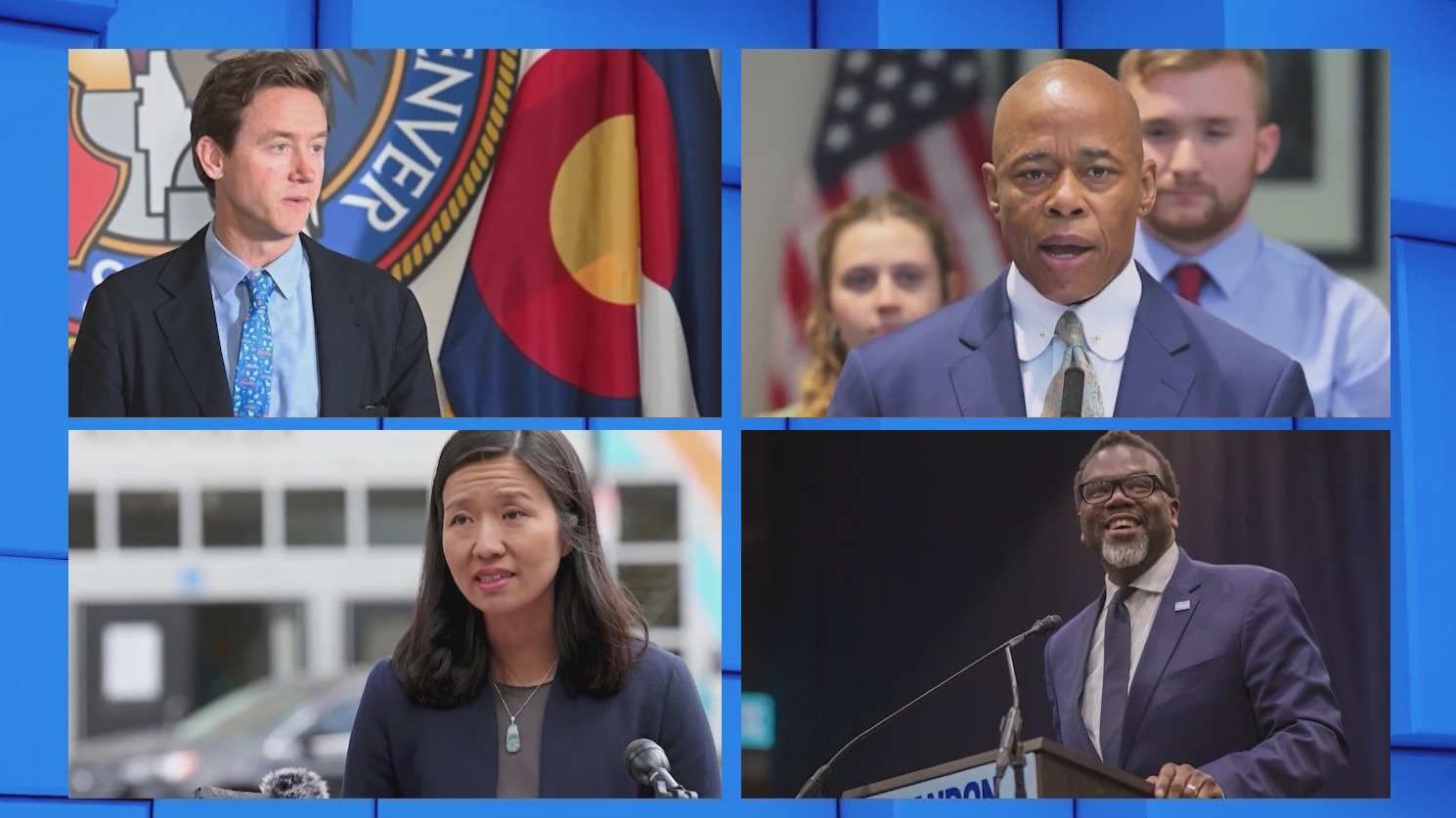 Denver Mayor Mike Johnston, New York City Mayor Eric Adams, Chicago Mayor Brandon Johnson and Boston Mayor Michelle Wu