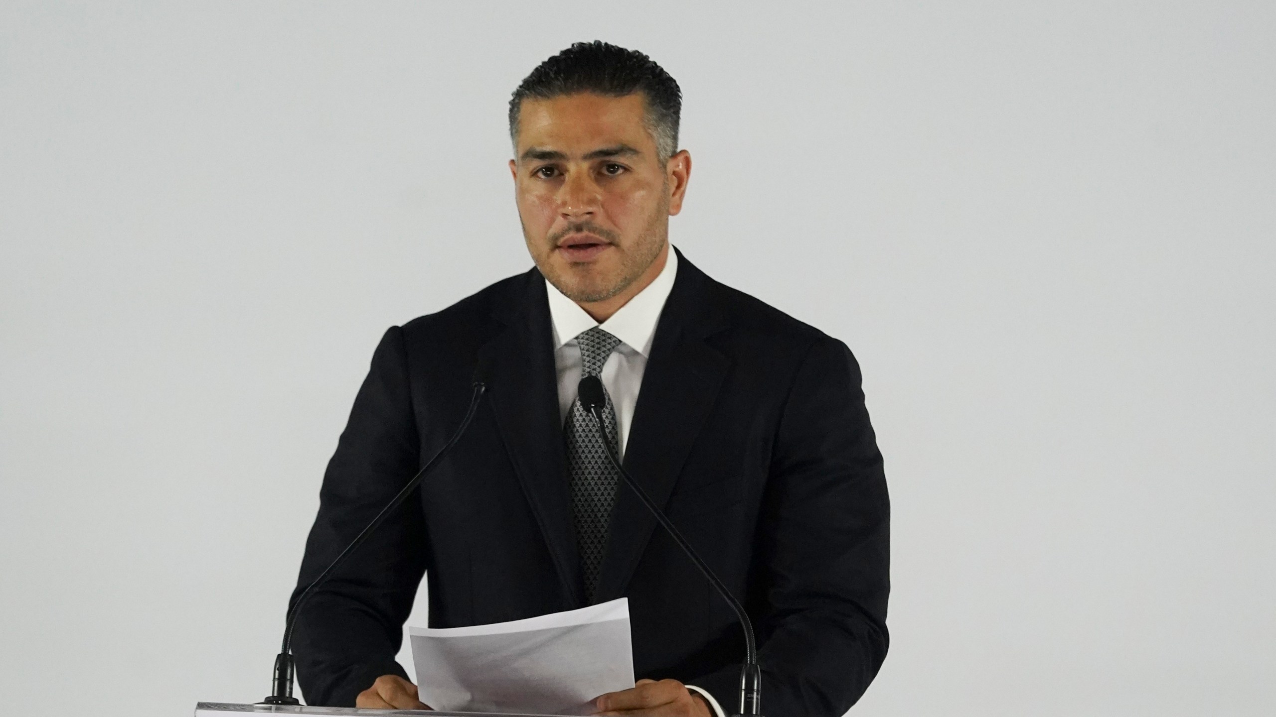 FILE - Minister of Security and Citizen Protection Omar Garcia Harfuch speaks during a presentation of incoming President Claudia Sheinbaum's Cabinet members in Mexico City, July 4, 2024. (AP Photo/Marco Ugarte, File)