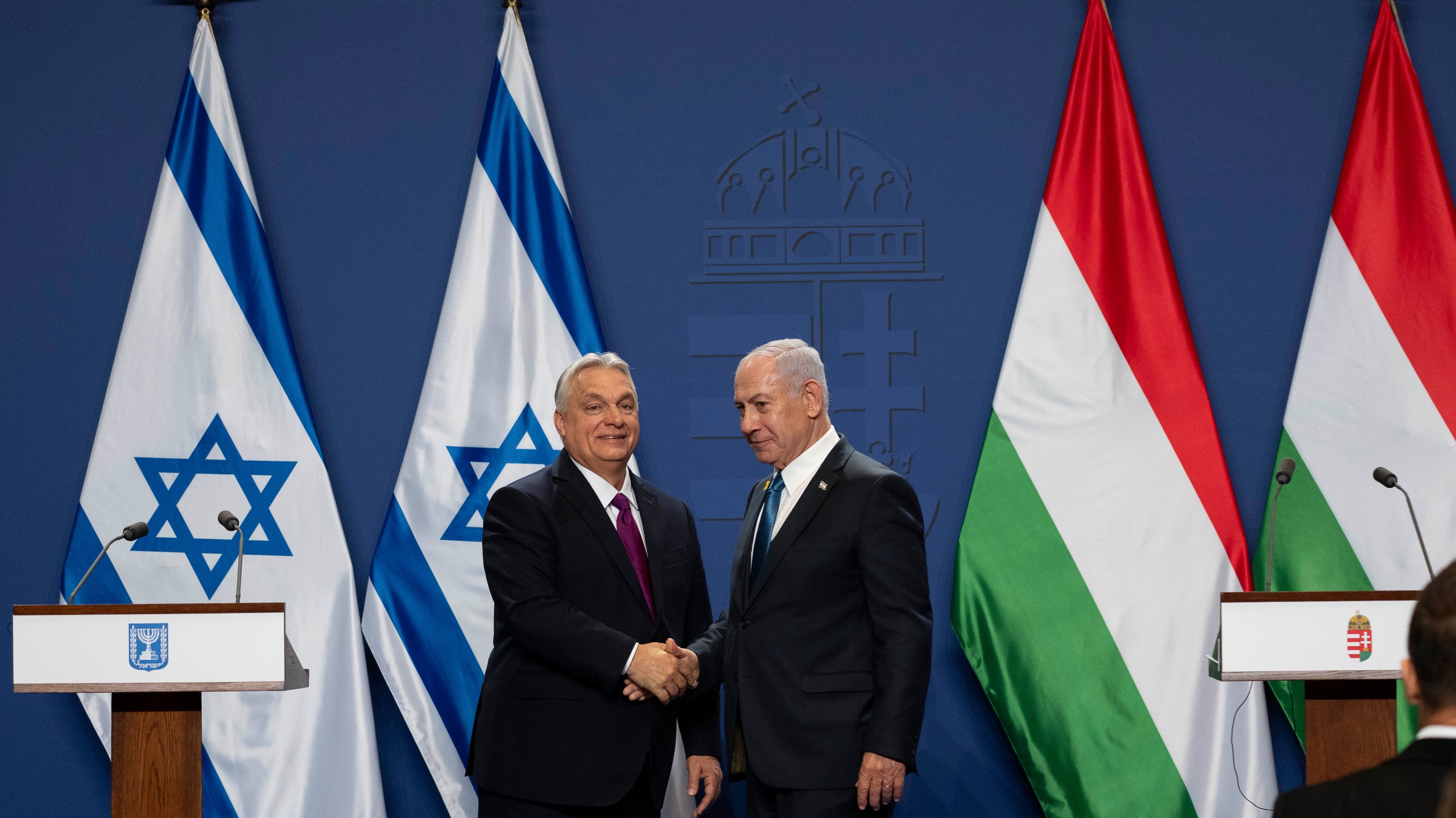 Hungarian Prime Minister Viktor Orban, left, and Israeli Prime Minister Benjamin Netanyahu shake hands after a press statement at the Carmelite Monastery in the Buda Castle in Budapest, Hungary, Thursday, April 3, 2025. (AP Photo/Denes Erdos)