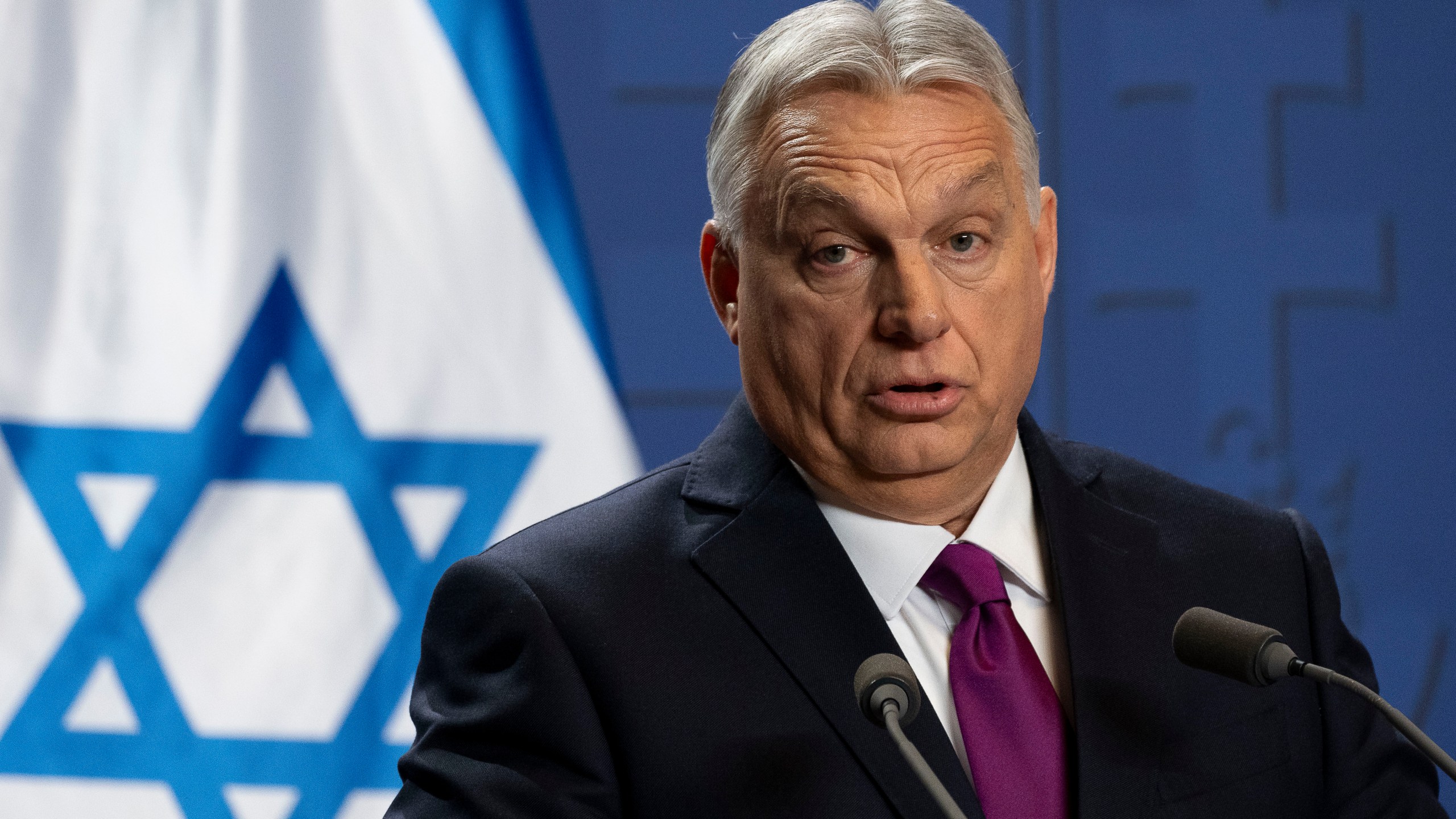 Hungarian Prime Minister Viktor Orban speaks during a press statement at the Carmelite Monastery in the Buda Castle in Budapest, Hungary, Thursday, April 3, 2025. (AP Photo/Denes Erdos)