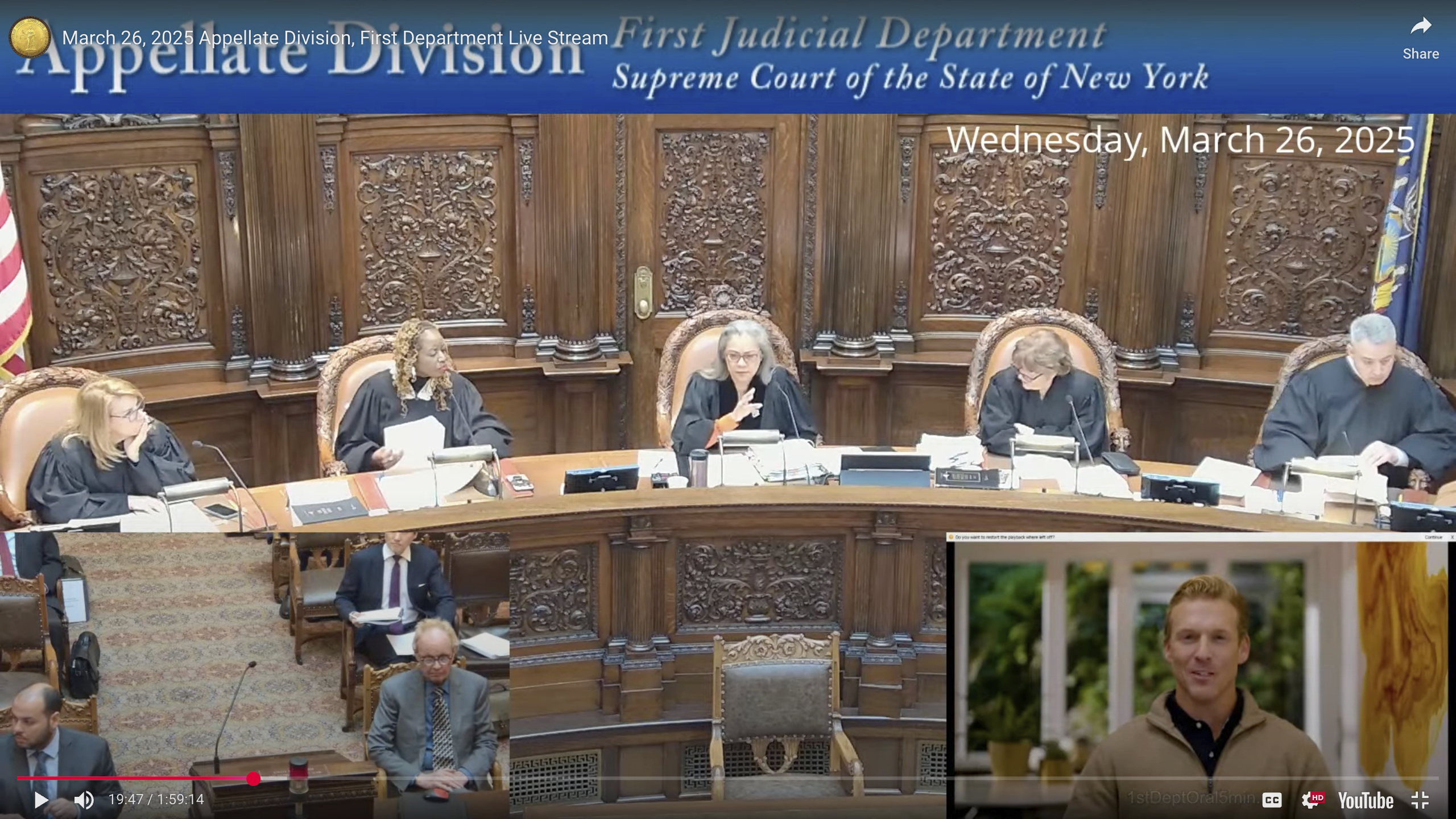 This screenshot from a video labeled as a March 26, 2025 live stream video on the YouTube channel of the Appellate division of the First Judicial Department of the Supreme Court of the state of New York, shows an artificial intelligence-generated avatar, bottom right, addressing the justices on a video screen set up in the courtroom. (Appellate division of the First Judicial Department of the Supreme Court of the state of New York via AP)