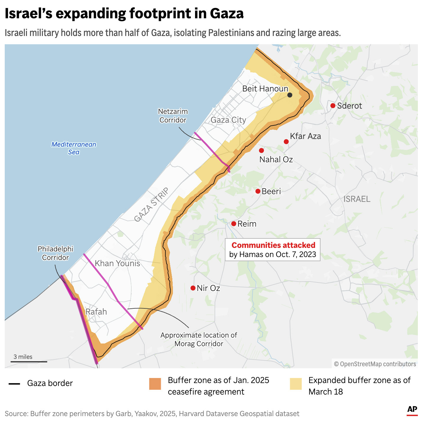 The map above shows the expansion of Israel's declared buffer zones and effectively its footprint inside of Gaza. (AP Graphic)