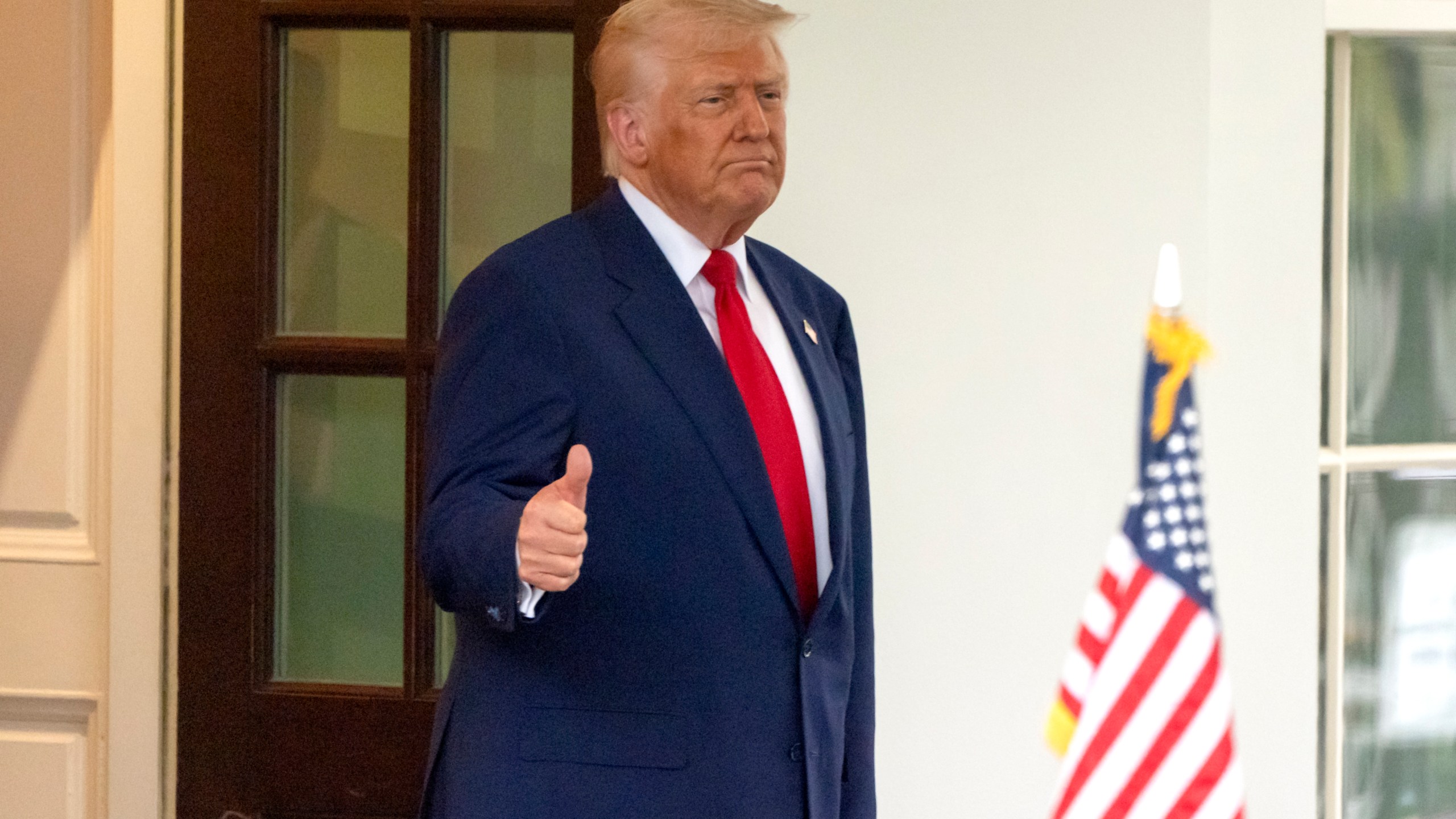 President Donald Trump gives a thumbs-up as Israel's Prime Minister Benjamin Netanyahu leaves the West Wing of the White House, Monday, April 7, 2025, in Washington. (AP Photo/Mark Schiefelbein)