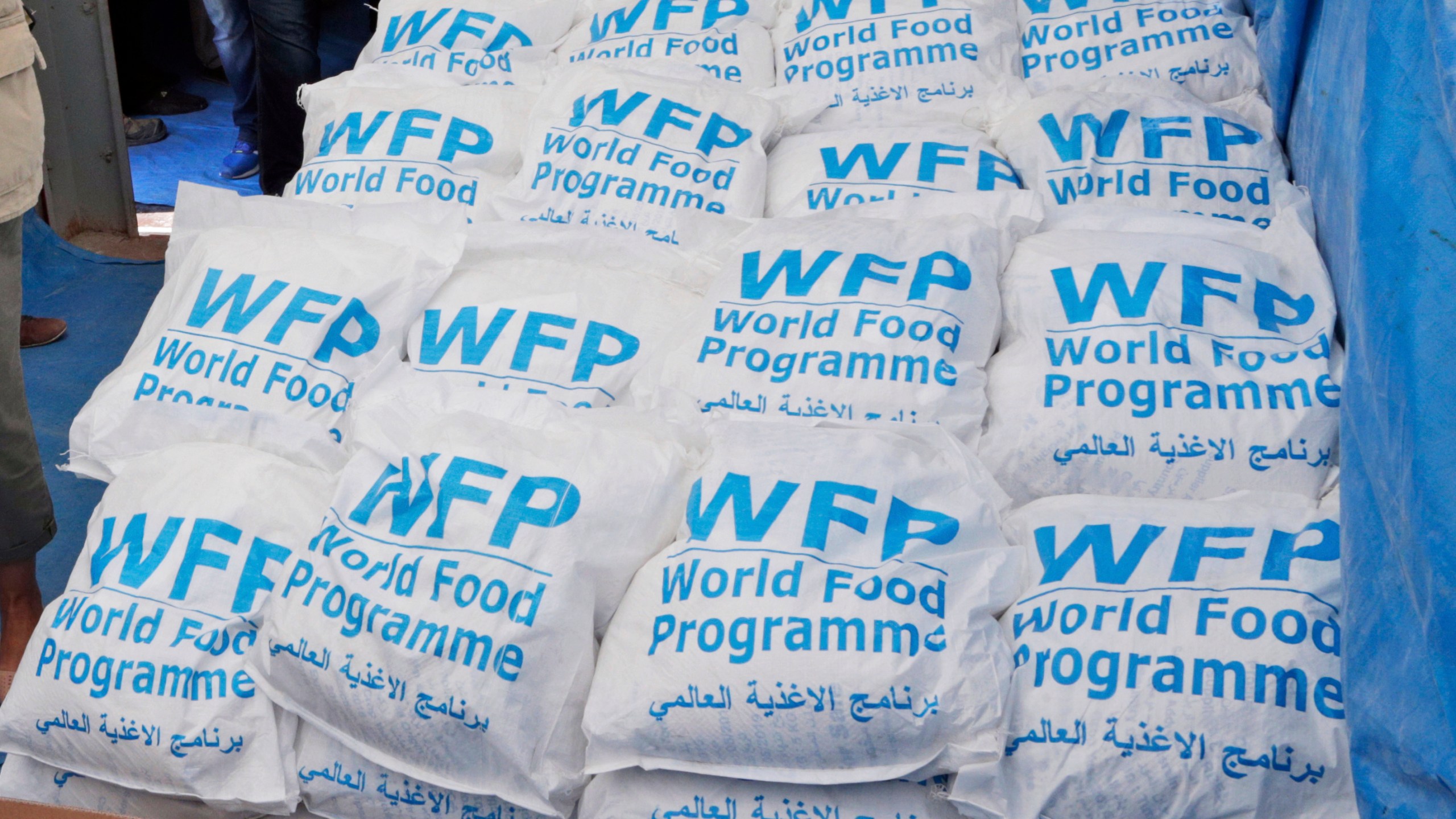 Food parcels provided by the World Food Program are stacked at the Reyhanli border crossing with Syria