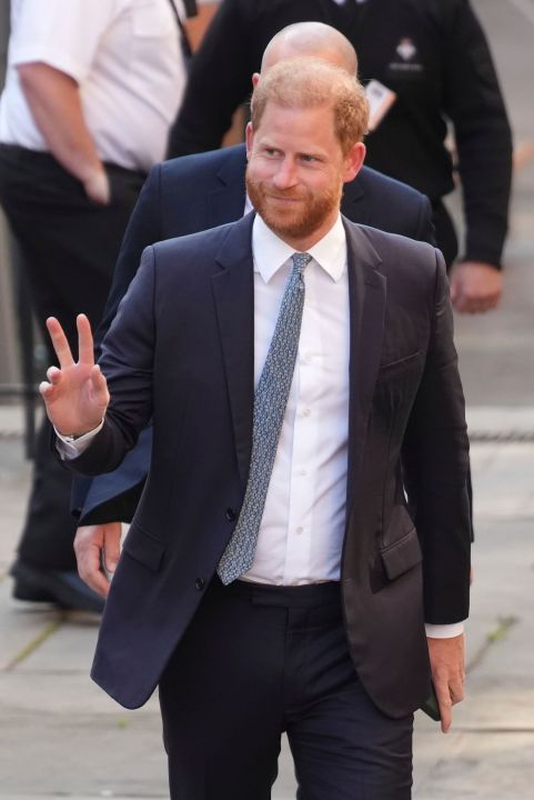 Prince Harry gives a peace sign