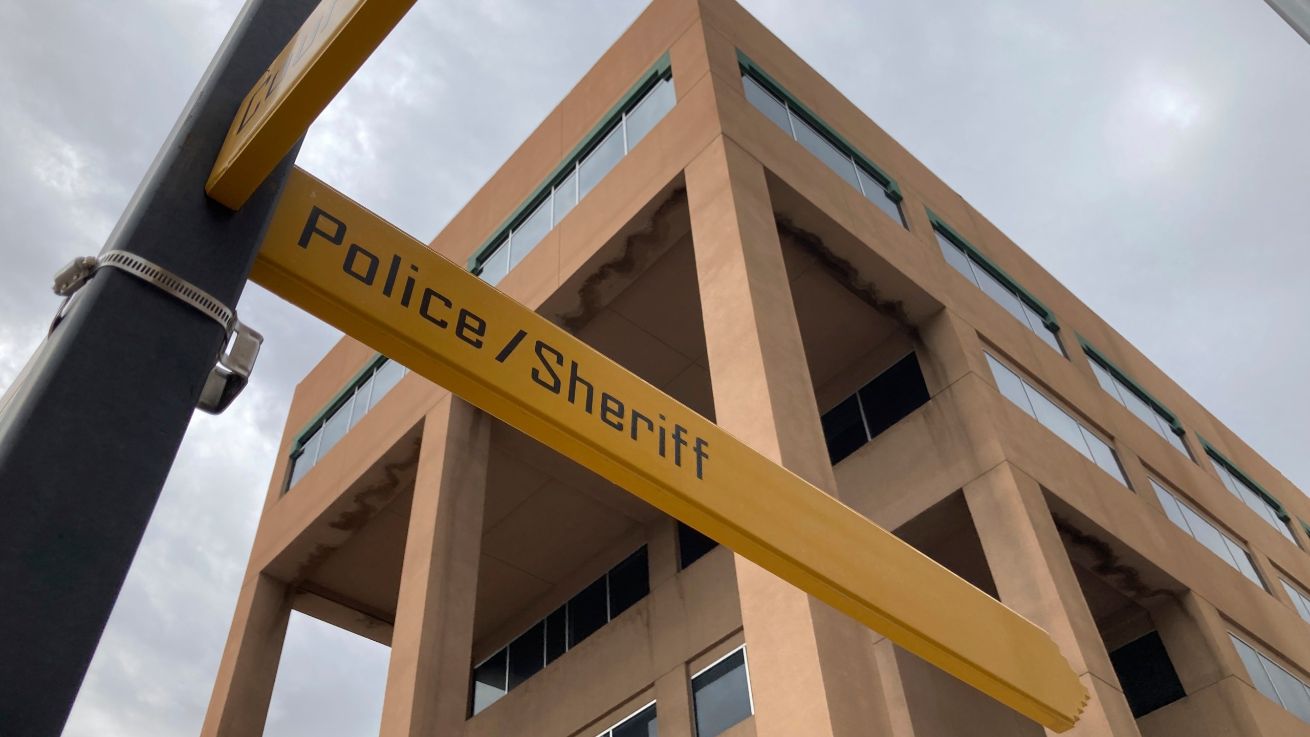 Signage is posted outside police headquarters