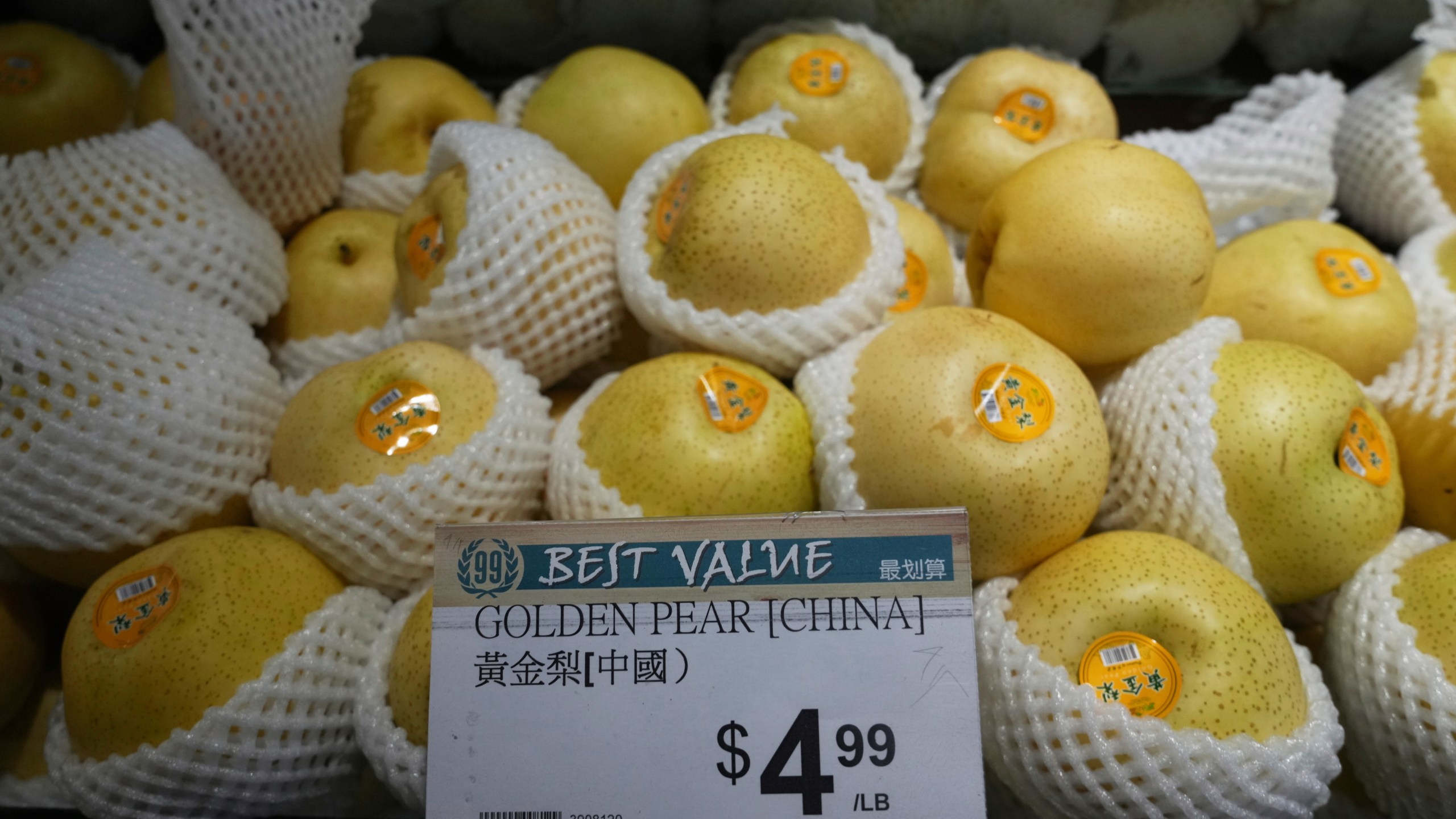 Imported Golden Pears from China are sold at 99 Ranch Market, an Asian grocery store in Los Angeles Monday, April 7, 2025. (AP Photo/Damian Dovarganes)