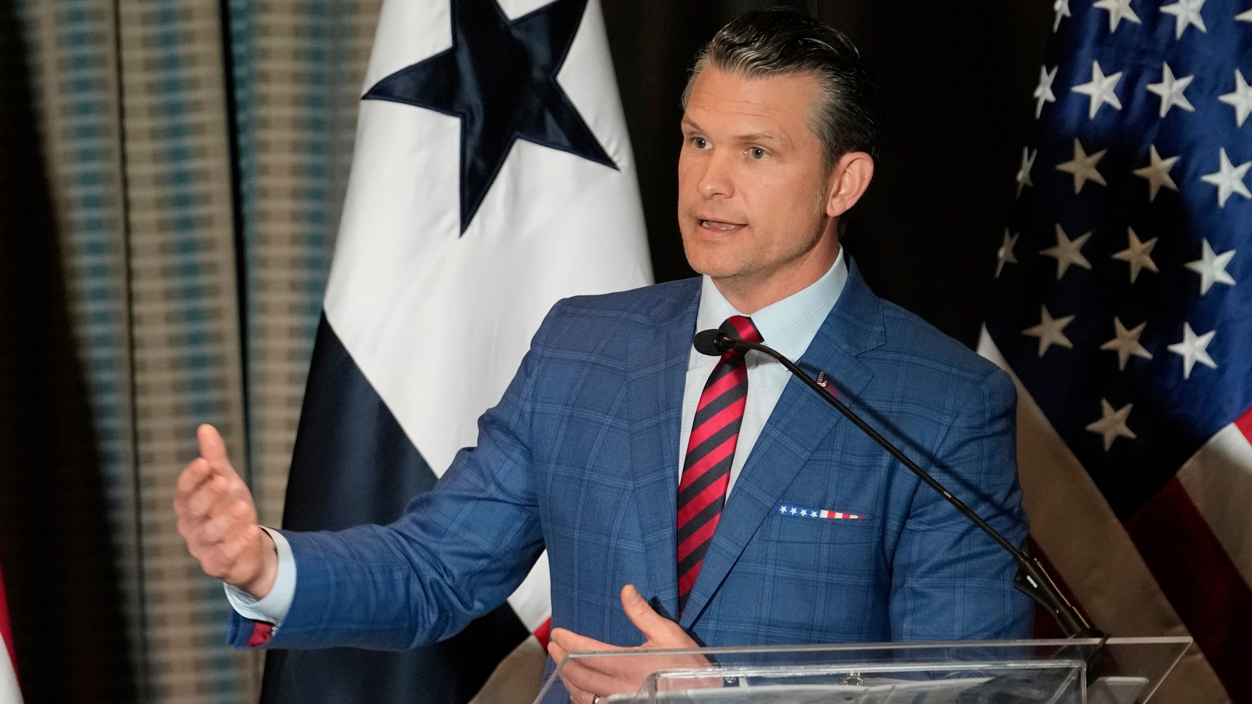 U.S. Defense Secretary Pete Hegseth speaks during a press conference in Panama City, Wednesday, April 9, 2025. (AP Photo/Matias Delacroix)