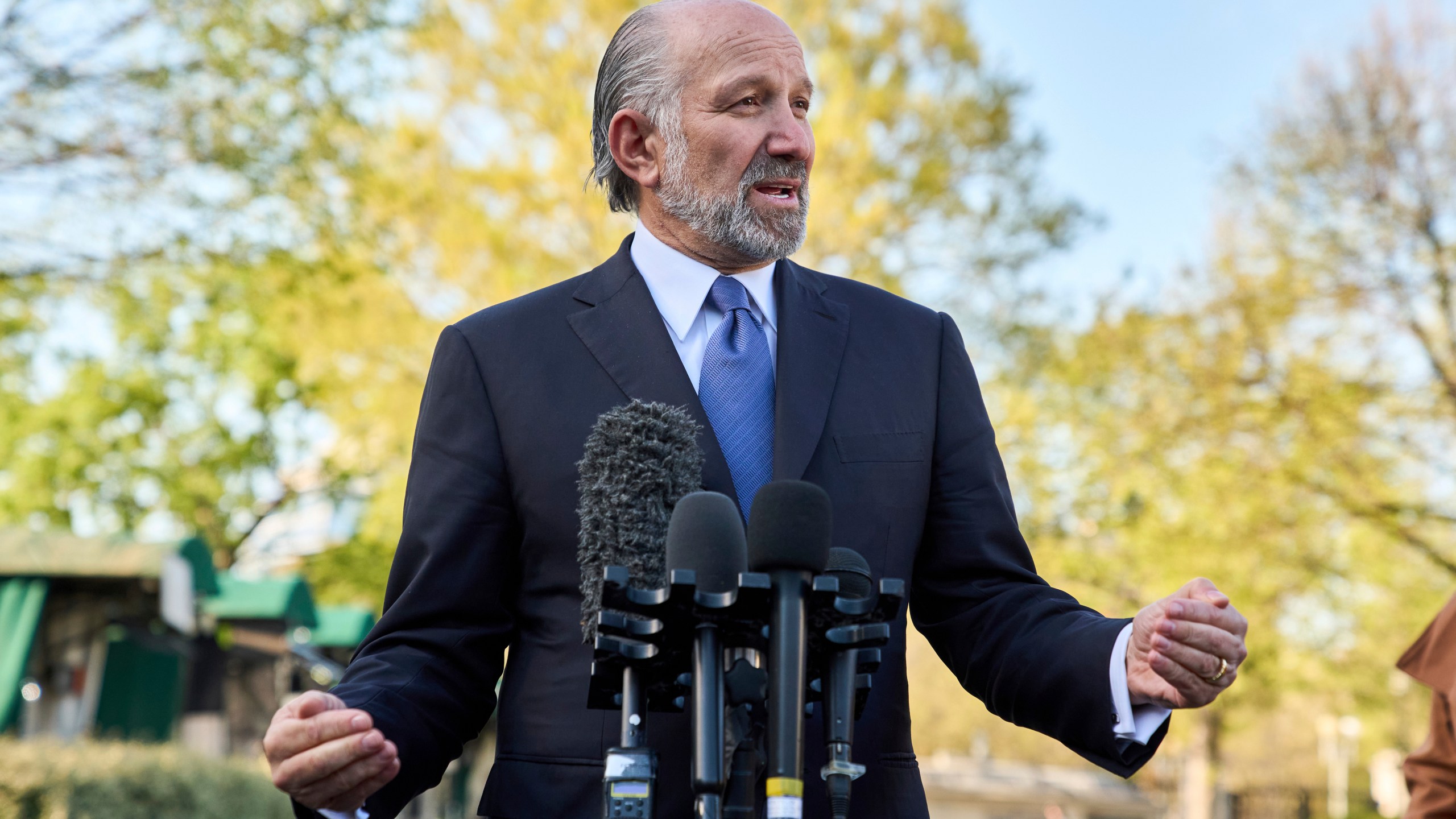 Commerce Secretary Howard Lutnick speaks to reporters outside the West Wing of the White House, Wednesday, April 9, 2025, in Washington. (AP Photo/Jacquelyn Martin)