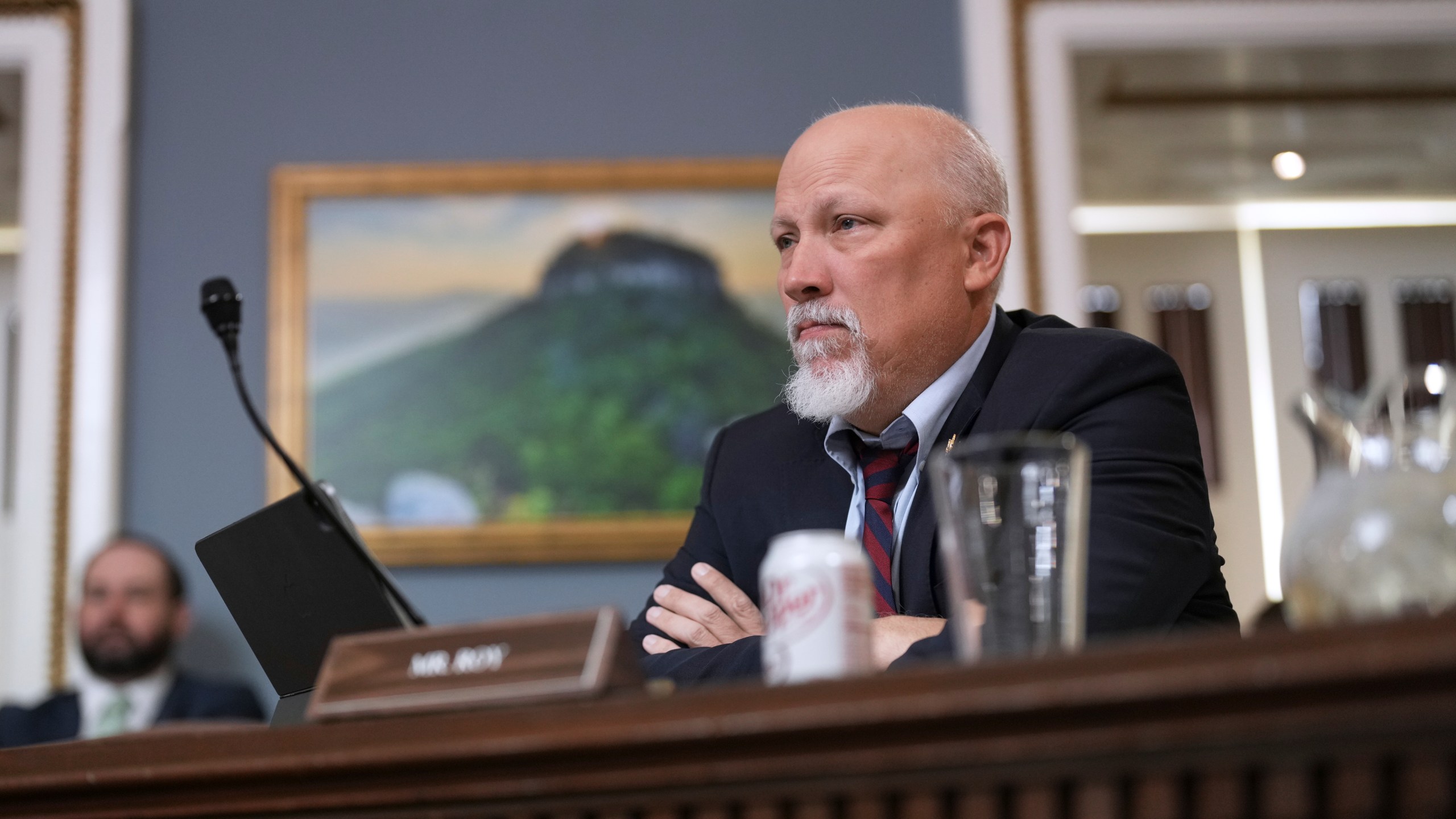 Rep. Chip Roy, R-Texas, a member of the conservative House Freedom Caucus, listens as the Republican plan to advance President Donald Trump's top domestic priorities on spending reductions and tax breaks is prepared in the House Rules Committee for a floor vote, at the Capitol in Washington, Wednesday, April 9, 2025. The deficit hawk has blasted the GOP plan drawing the ire of both Trump and House Speaker Mike Johnson. (AP Photo/J. Scott Applewhite)