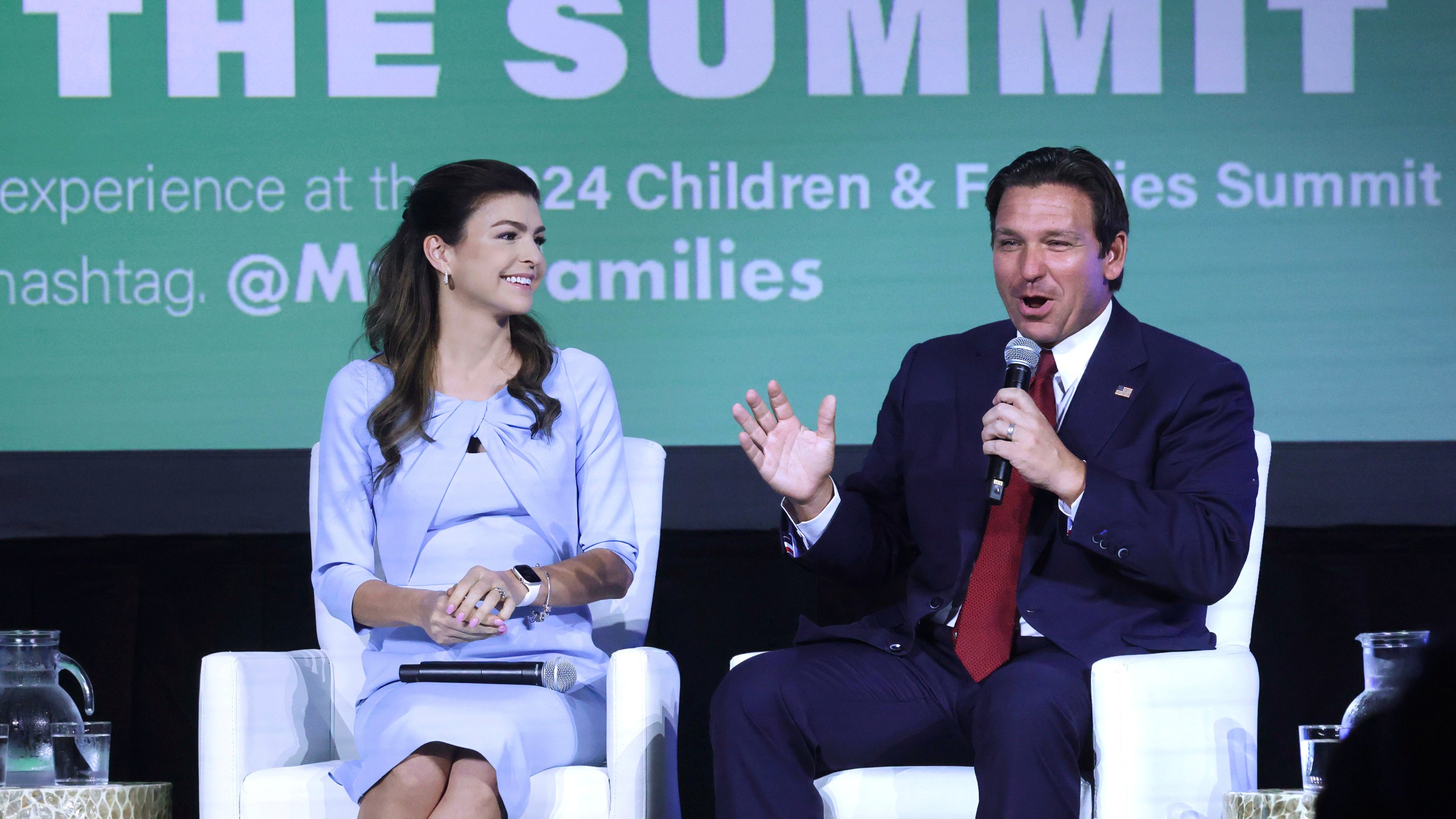FILE - Florida first lady Casey DeSantis listens to Gov. Ron DeSantis during a panel discussion at the 2024 Florida Children and Families Summit at the JW Marriott Grand Lakes in Orlando, Fla., Wednesday, Sept. 4, 2024. (Joe Burbank/Orlando Sentinel via AP, File)