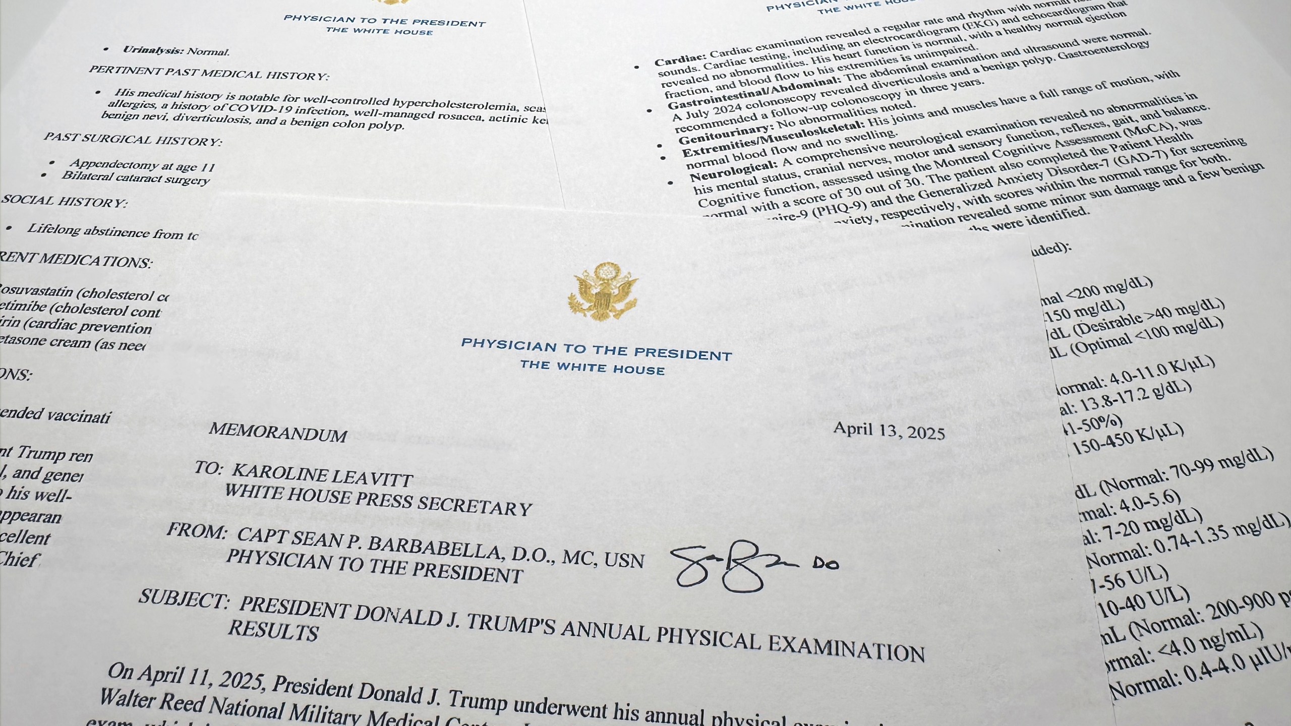 The report on President Donald Trump's health after his physical on April 11, 2025, at Walter Reed National Military Medical Center, released by the White House on behalf of his physician Navy Capt. Sean Barbabella, is photographed Sunday, April 13, 2025. (AP Photo/Jon Elswick)