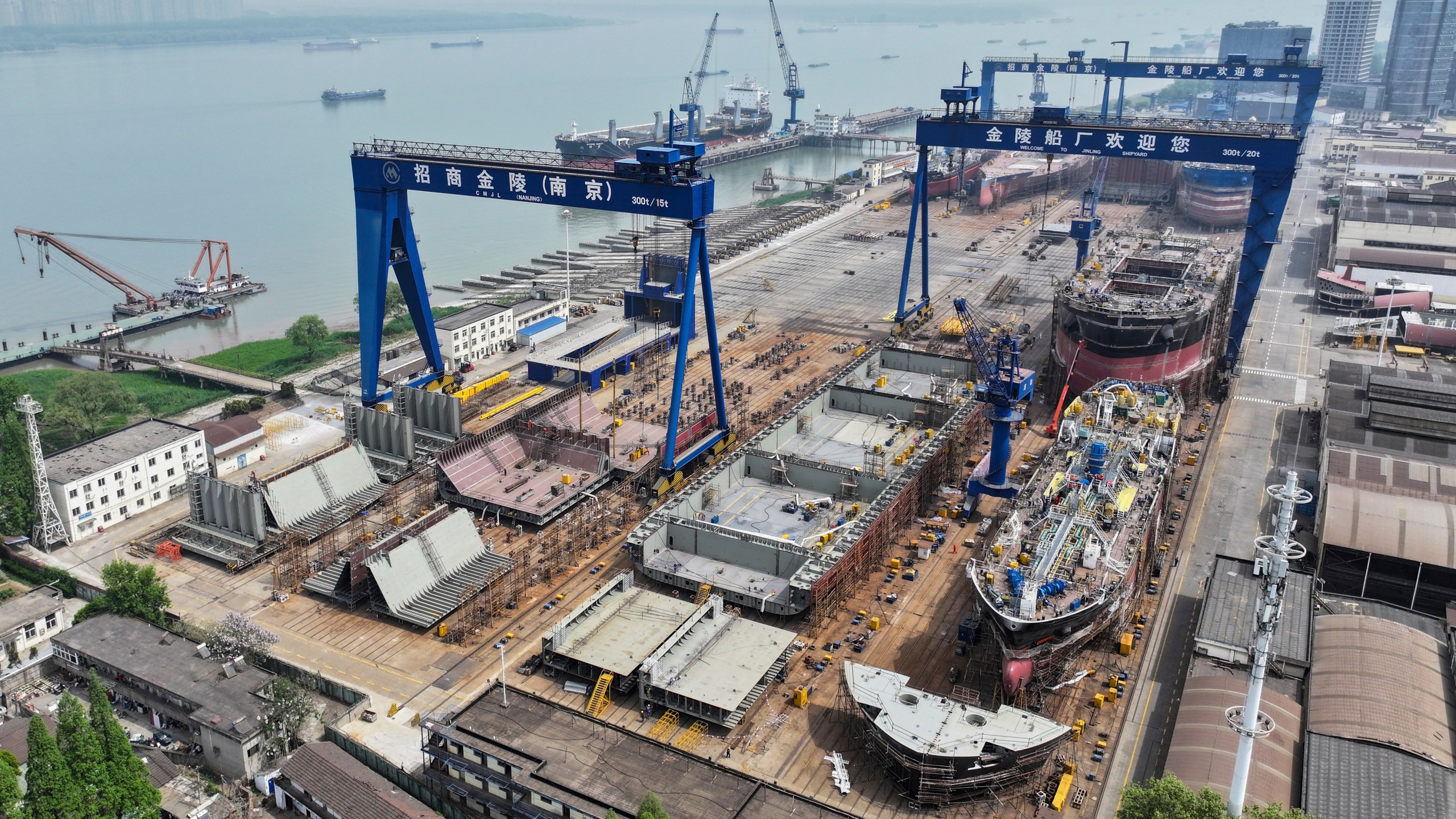 A view of ships under construction at the Jinling Shipyard in Nanjing in eastern China's Jiangsu province Friday, April 11, 2025. (Chinatopix Via AP)