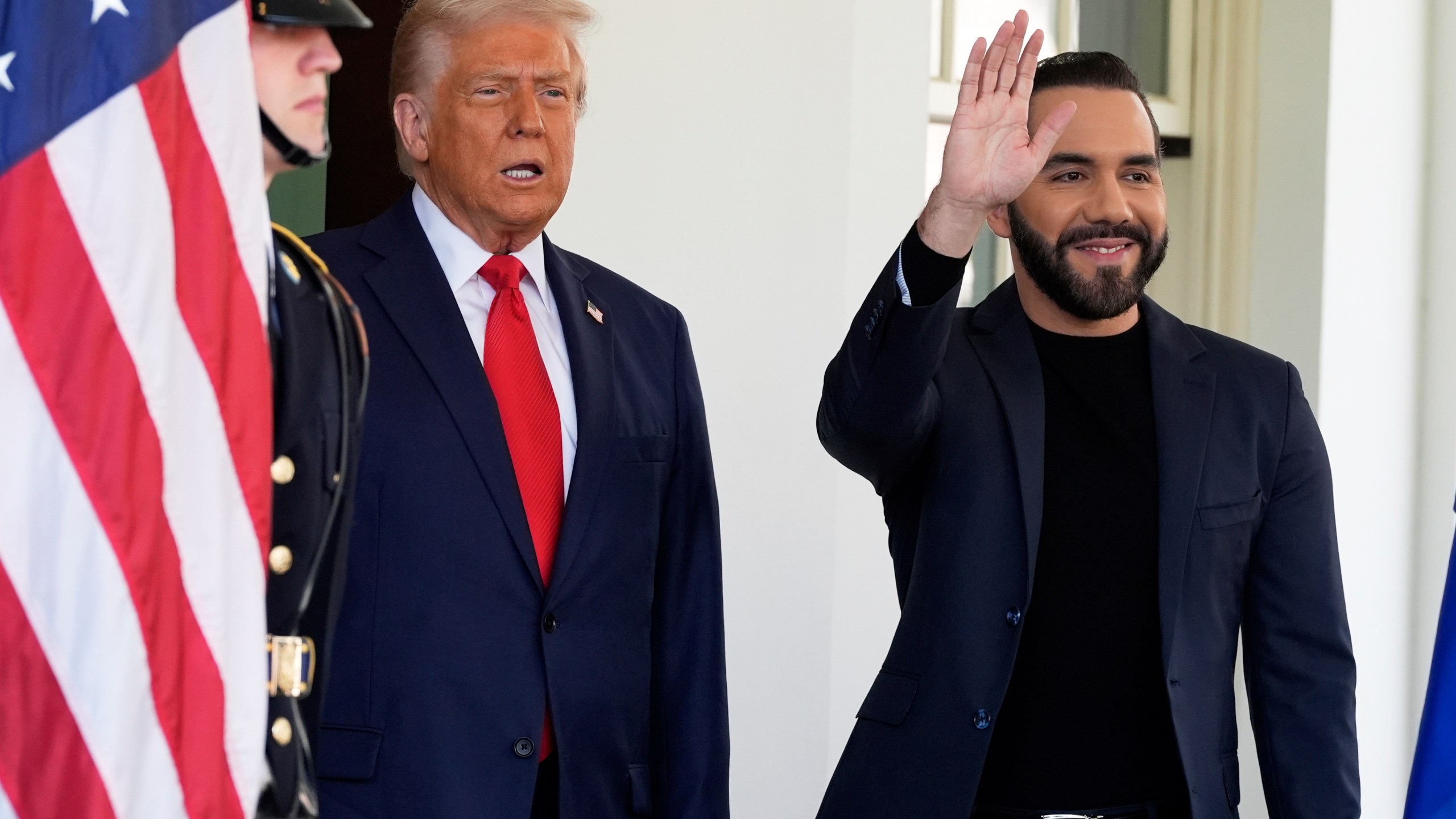 President Donald Trump greets El Salvador's President Nayib Bukele as he arrives at the West Wing of the White House, Monday, April 14, 2025, in Washington. (AP Photo/Alex Brandon)