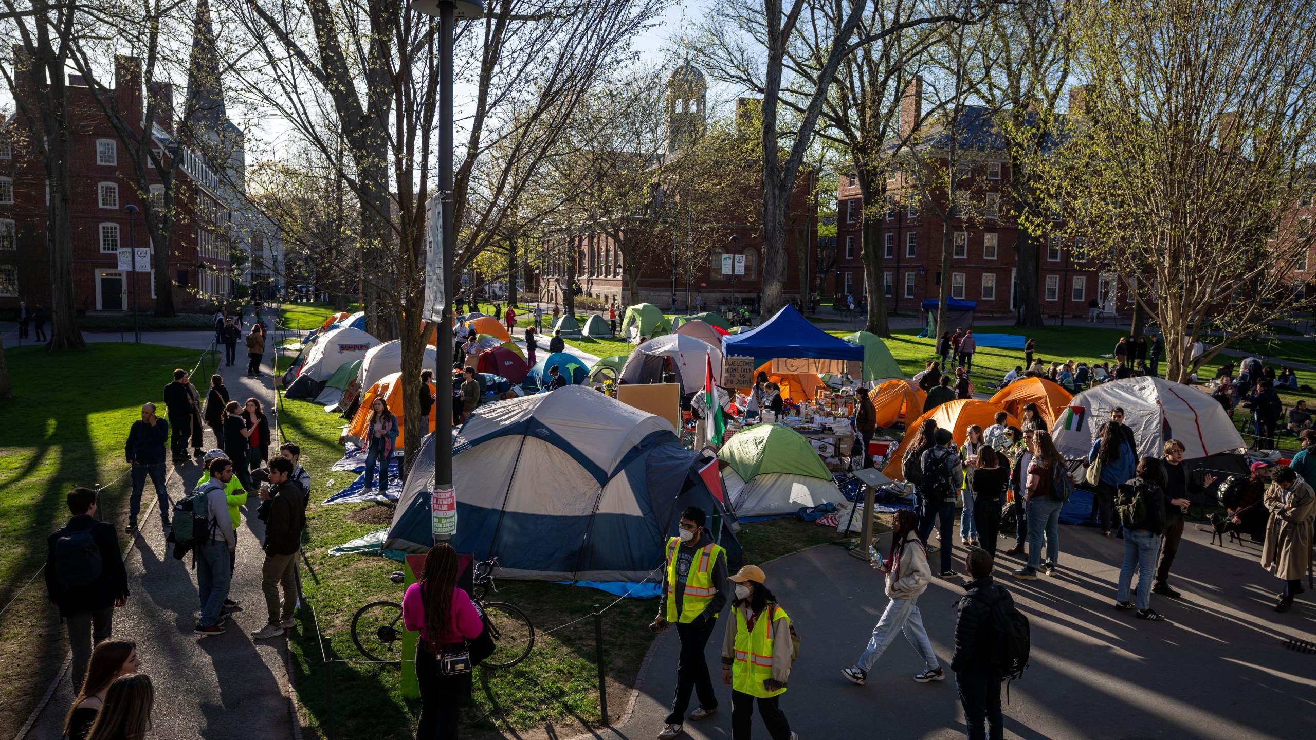 FILE - Students protesting against the war in Gaza, and passersby walking through Harvard Yard, are seen at an encampment at Harvard University in Cambridge, Mass., on April 25, 2024. (AP Photo/Ben Curtis, File)