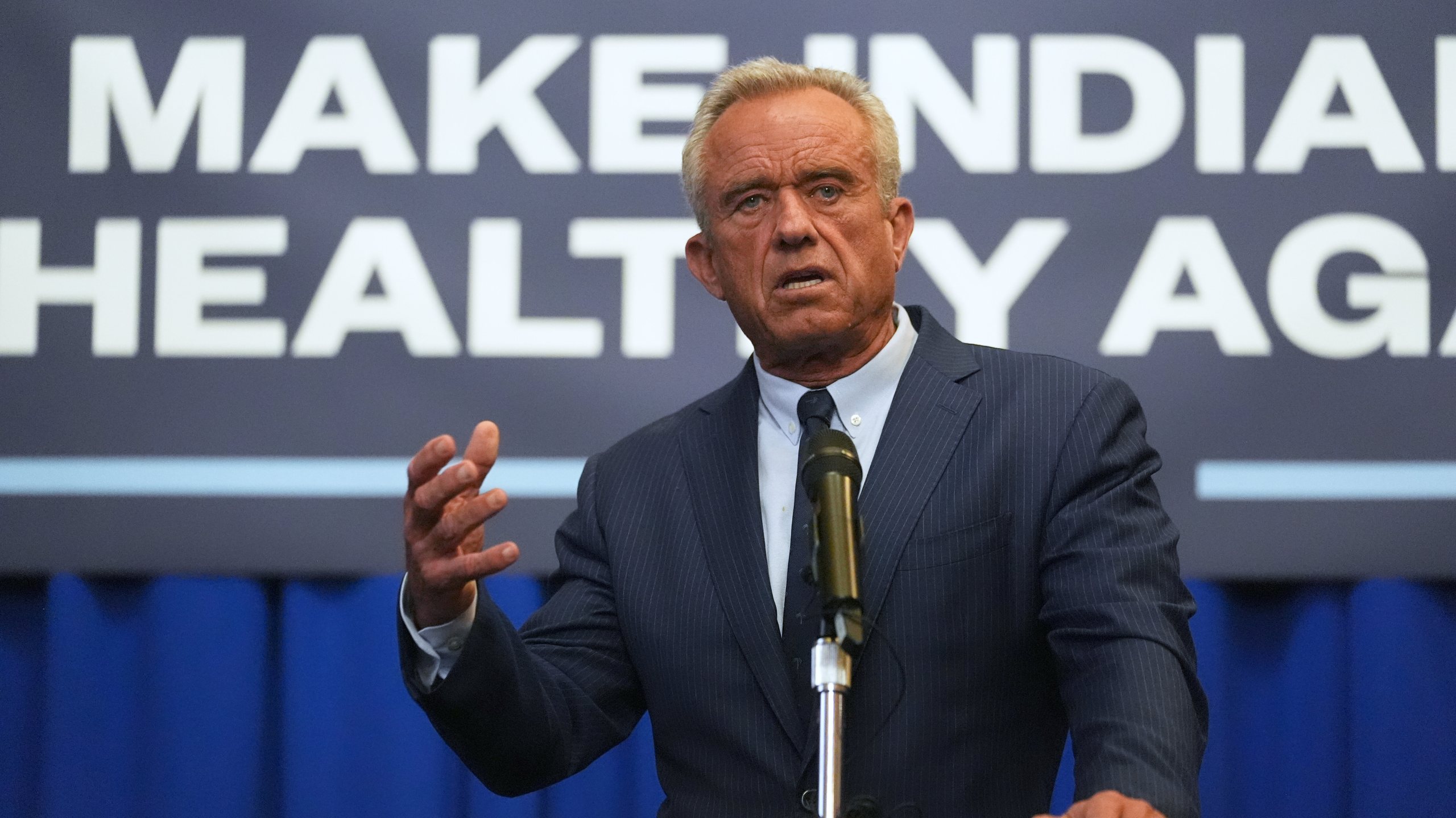 U.S. Health and Human Services Secretary Robert F. Kennedy, Jr speaks during a Make Indiana Healthy Again initiative event in Indianapolis, Tuesday, April 15, 2025. (AP Photo/Michael Conroy)