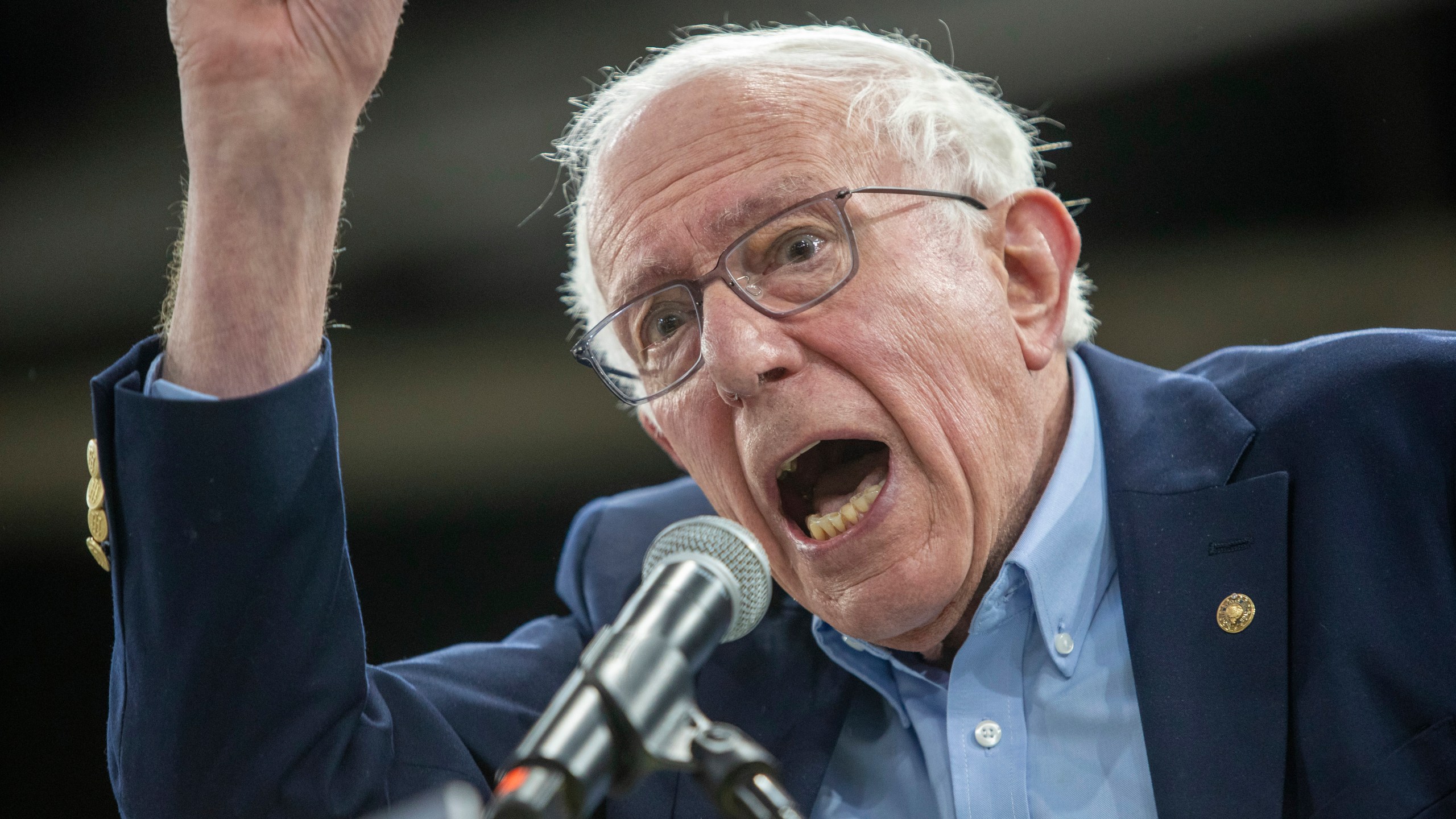 Sen. Bernie Sanders, I-Vt., speaks from a podium
