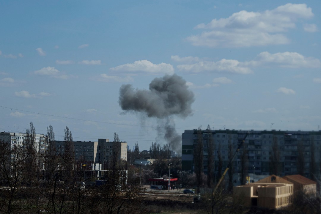 Smoke rises from an explosion following a Russian drone strike on Sumy, Ukraine, Monday, April 14, 2025. (AP Photo/Evgeniy Maloletka)