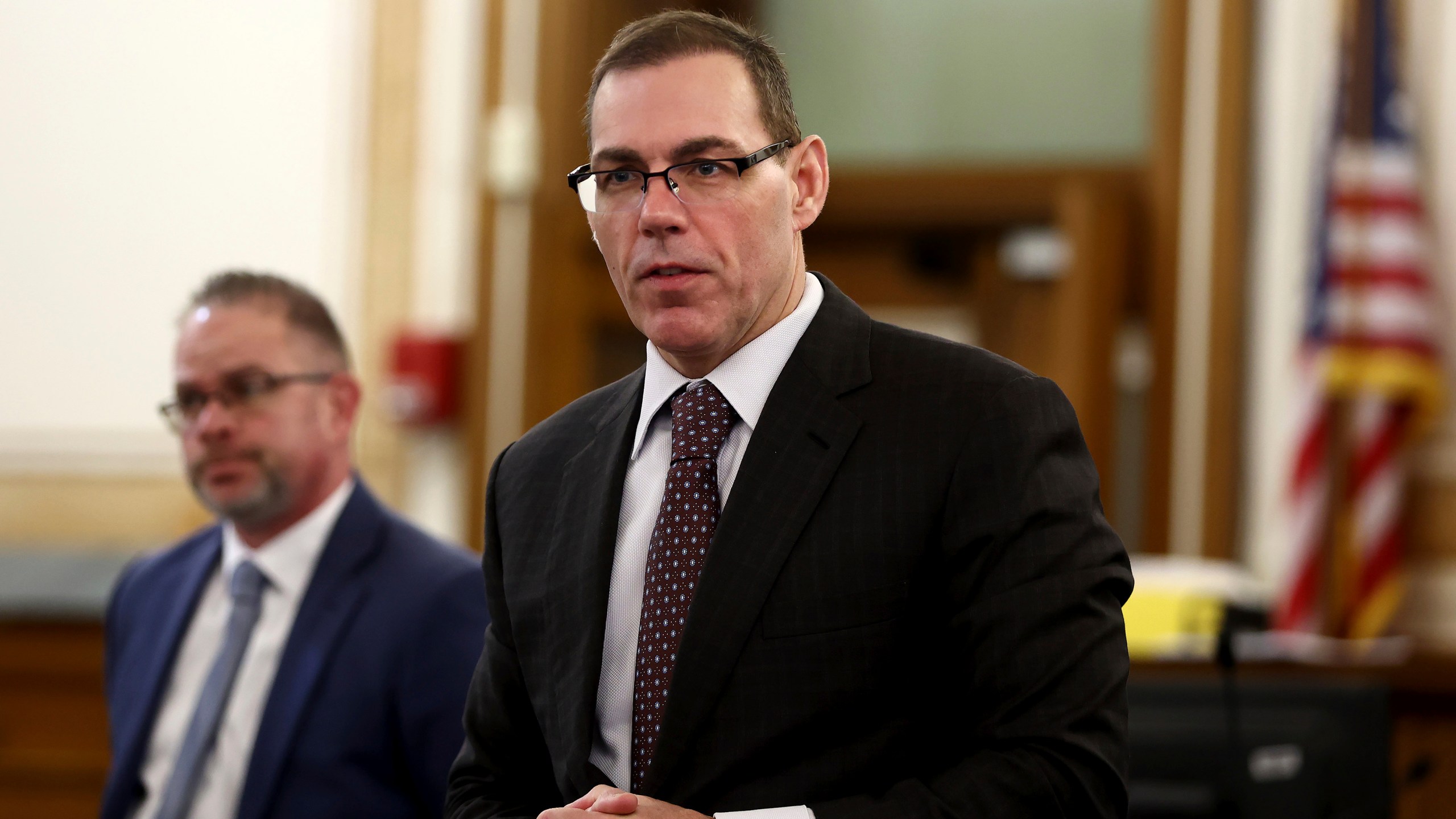 Special Assistant District Attorney Hank Brennan introduces himself during jury selection in the murder trial of Karen Read at Norfolk Superior Court Tuesday, April 15, 2025, in Dedham, Mass. (Nancy Lane/The Boston Herald via AP, Pool)