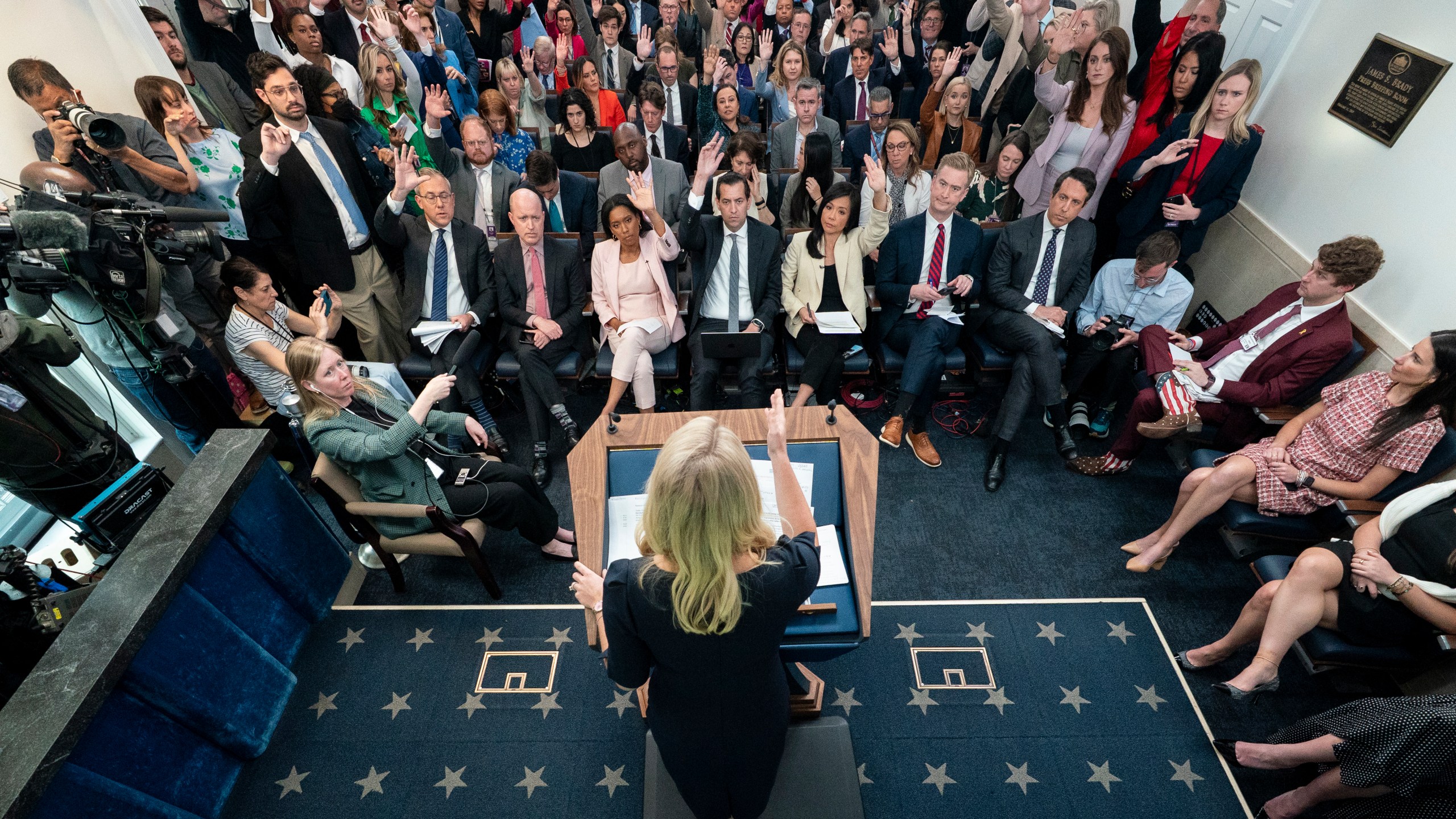 White House press secretary Karoline Leavitt speaks with reporters in the James Brady Press Briefing Room at the White House, Tuesday, April 15, 2025, in Washington. (AP Photo/Alex Brandon)