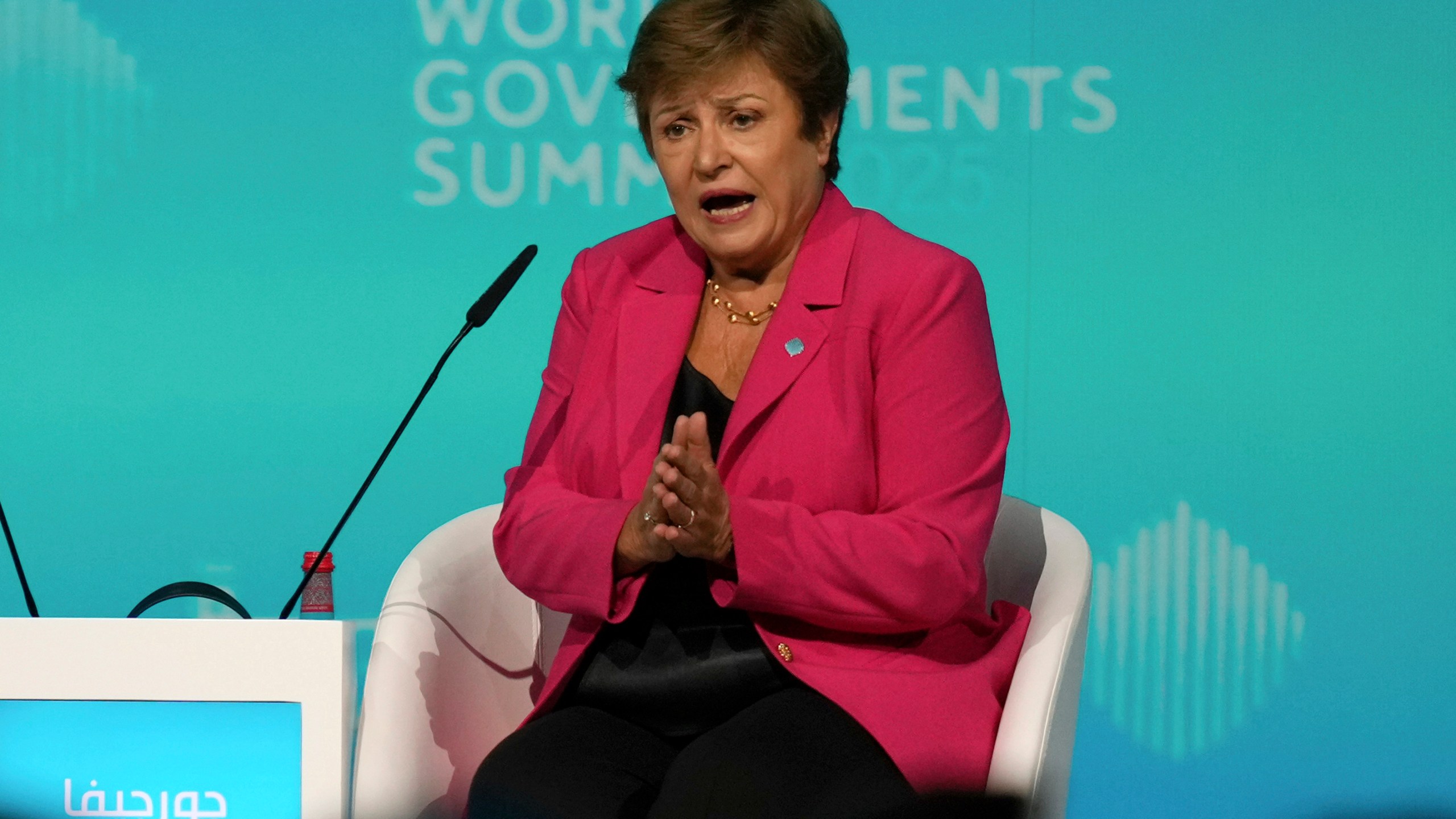 FILE - International Monetary Fund Managing Director Kristalina Georgieva, talks to CNN Anchor Richard Quest during the World Governments Summit in Dubai, United Arab Emirates, on Feb. 11, 2025. (AP Photo/Altaf Qadri, File)