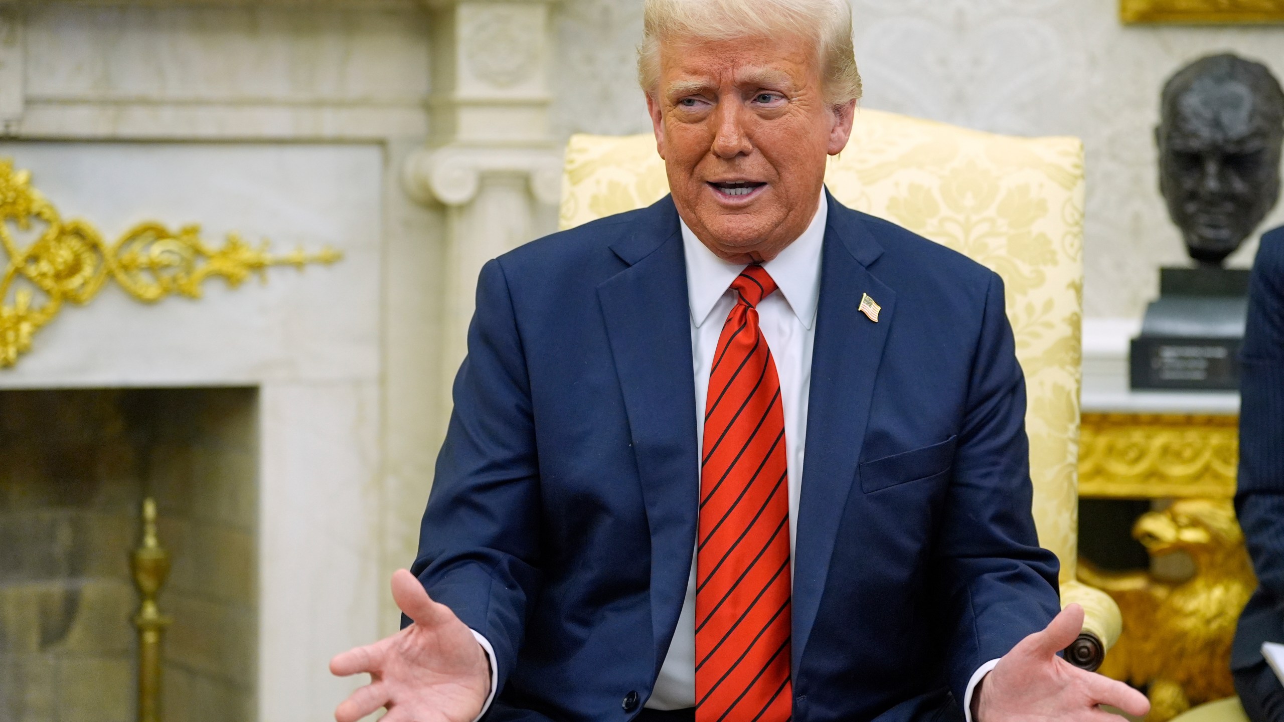 President Donald Trump speaks as he meets with Italy's Prime Minister Giorgia Meloni in the Oval Office of the White House, Thursday, April 17, 2025, in Washington. (AP Photo/Alex Brandon)
