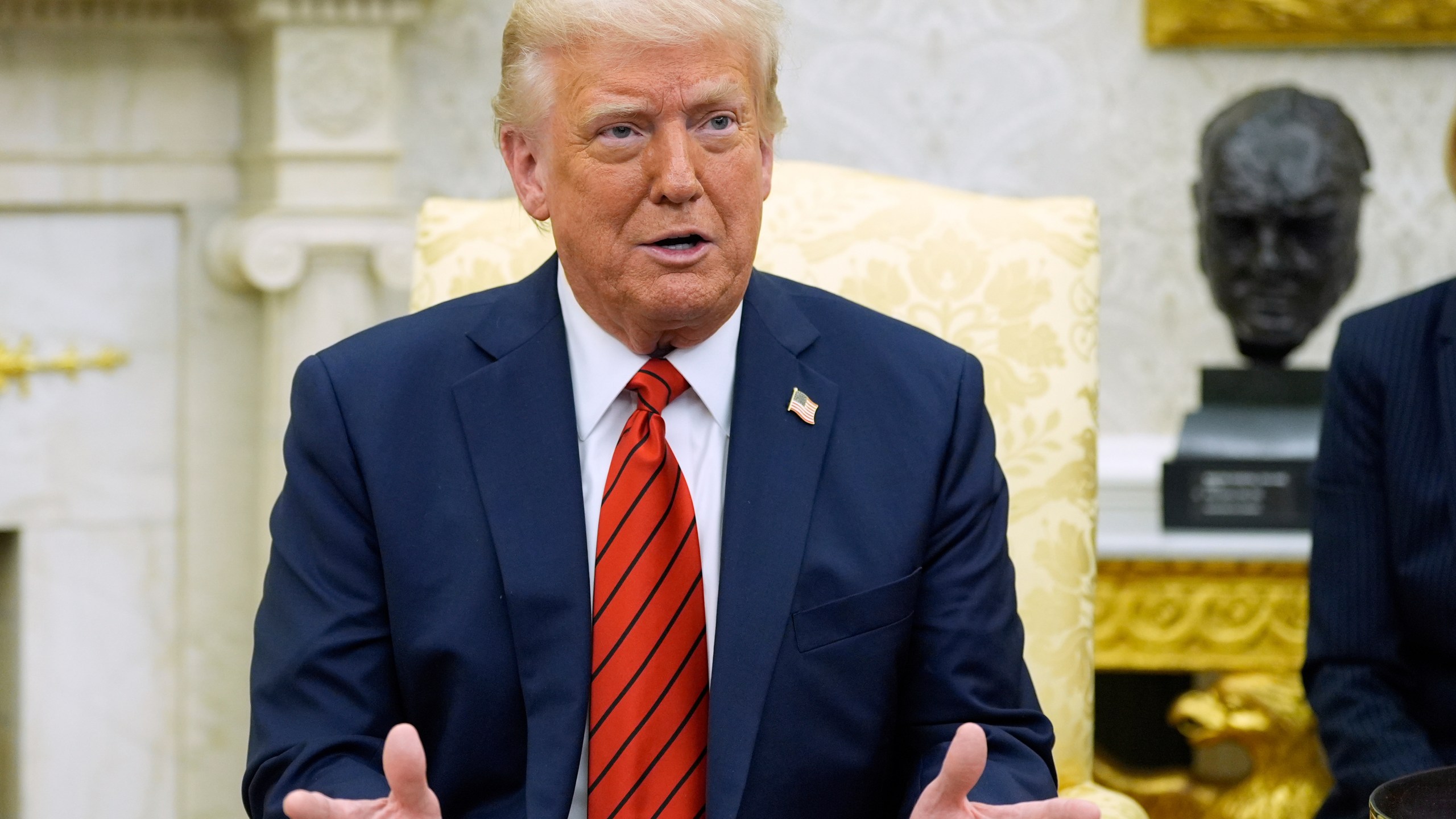 President Donald Trump speaks as he meets with Italy's Prime Minister Giorgia Meloni in the Oval Office of the White House, Thursday, April 17, 2025, in Washington. (AP Photo/Alex Brandon)