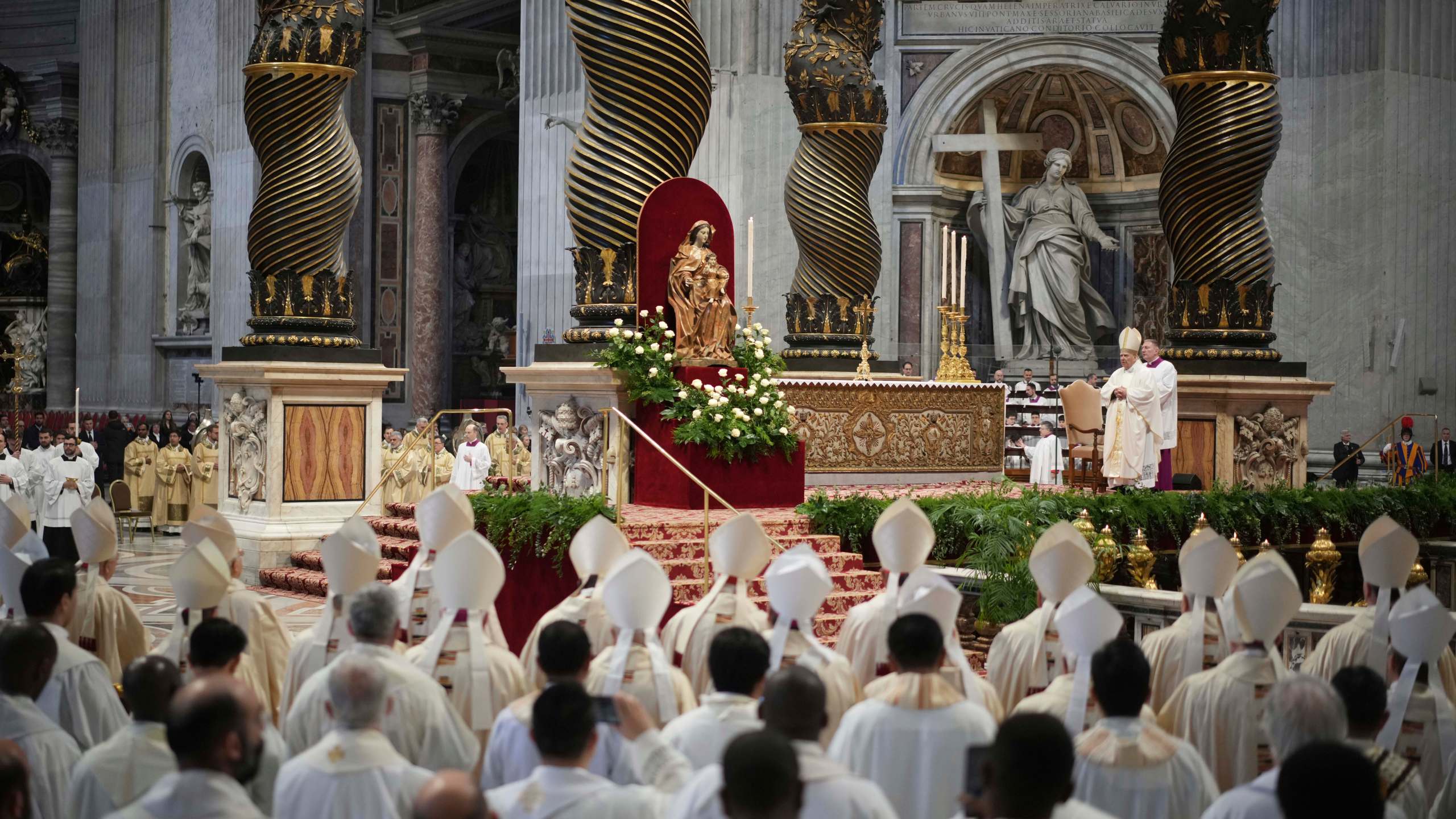 Delegate of the Holy Father, Cardinal Domenico Calcagno, presides over the Chrism Mass inside St. Peter's Basilica at The Vatican, Thursday, April. 17, 2025. (AP Photo/Andrew Medichini)