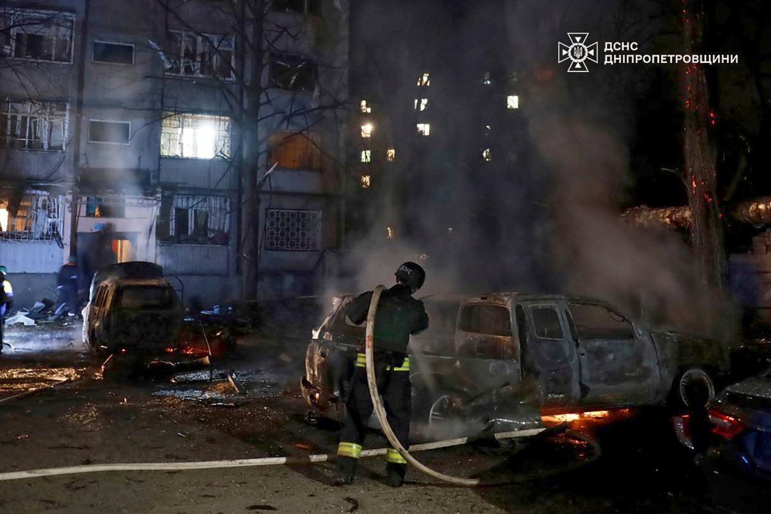 In this photo, provided by the Ukrainian Emergency Service, firefighters extinguish fire following a Russian attack in Dnipro, Thursday, April 17, 2025. (Ukrainian Emergency Service via AP)